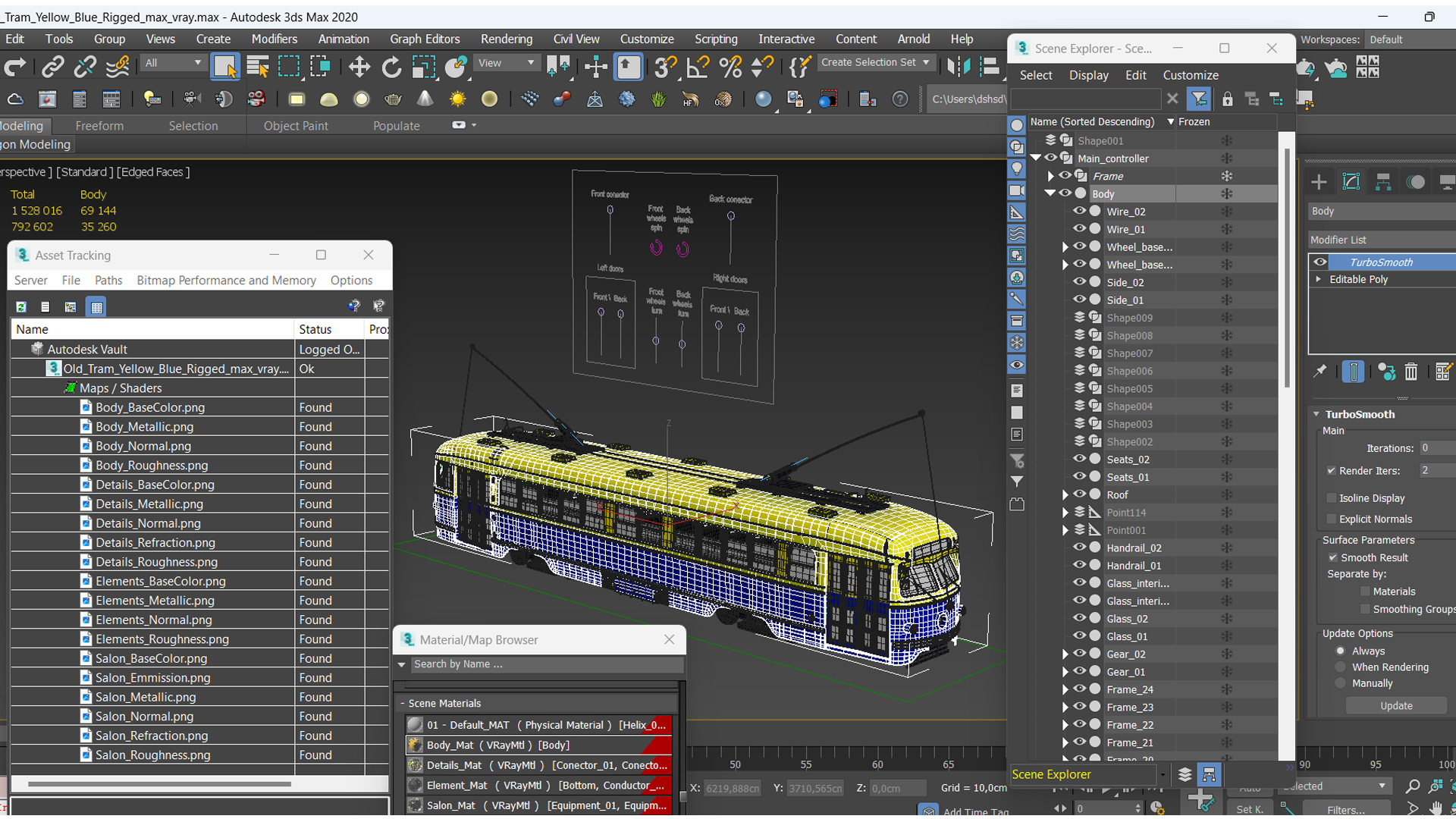 Old Tram Yellow Blue Rigged 3D