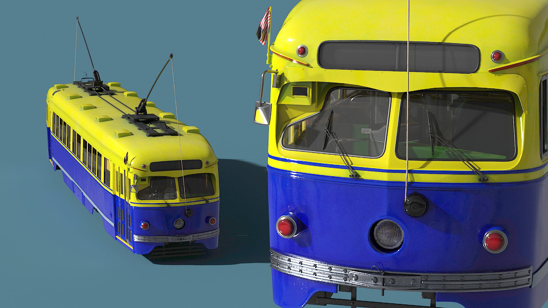 Old Tram Yellow Blue Rigged 3D