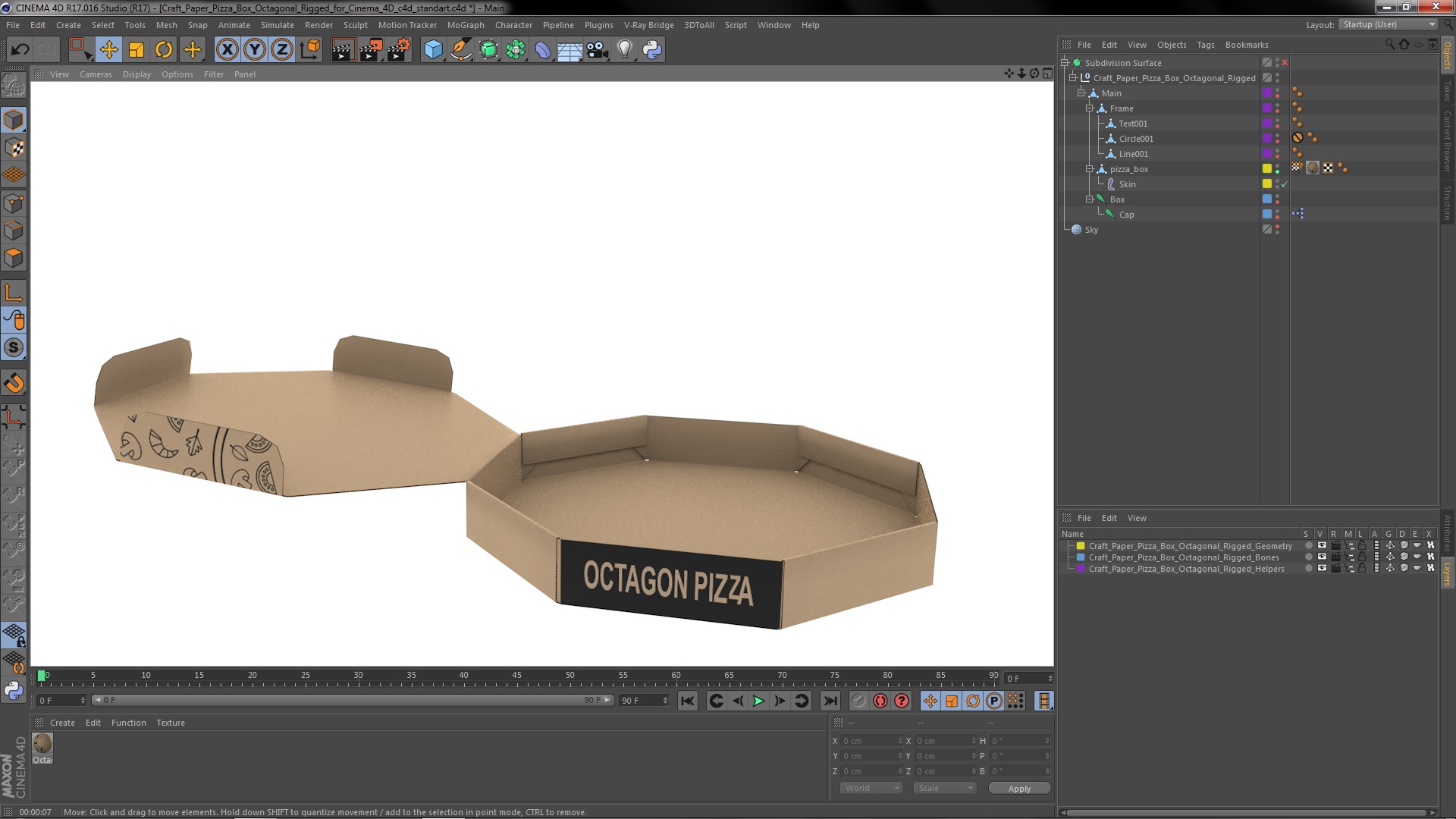 Craft Paper Pizza Box Octagonal Rigged for Cinema 4D 3D