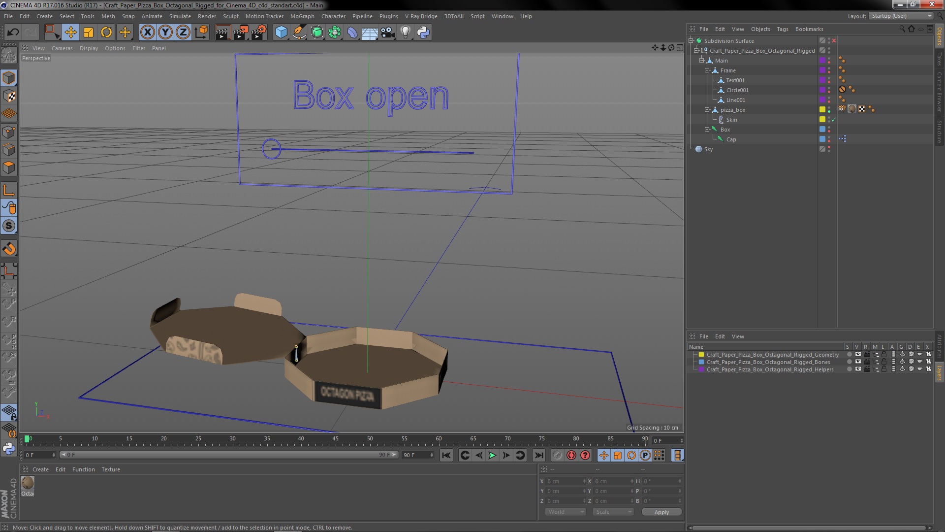 Craft Paper Pizza Box Octagonal Rigged for Cinema 4D 3D