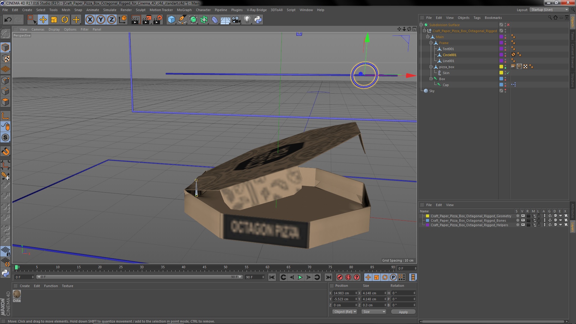 Craft Paper Pizza Box Octagonal Rigged for Cinema 4D 3D