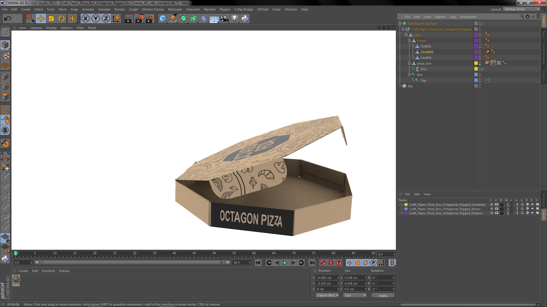 Craft Paper Pizza Box Octagonal Rigged for Cinema 4D 3D