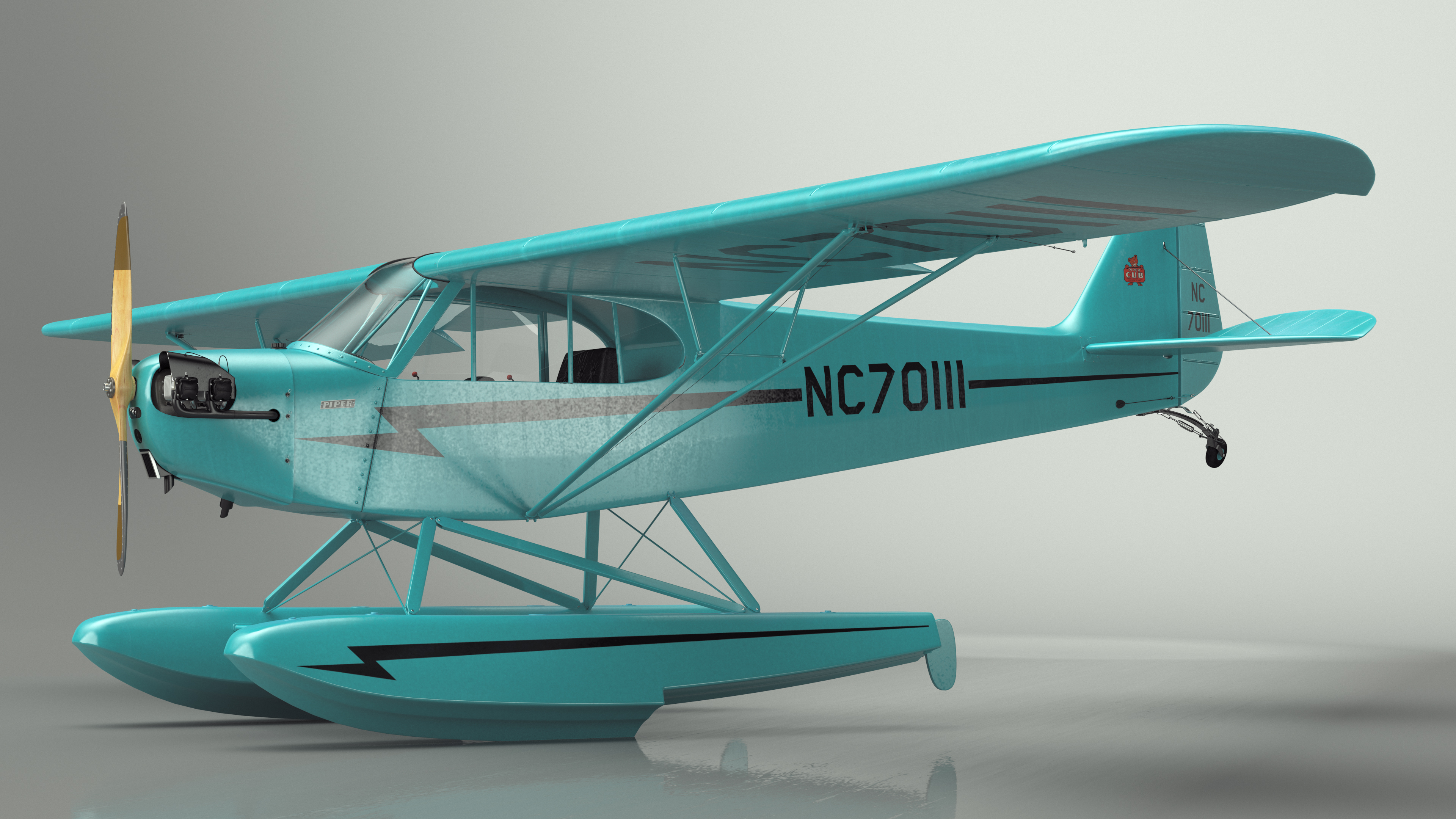 3D Seaplane Aircraft Piper J-3 with Floats Rigged