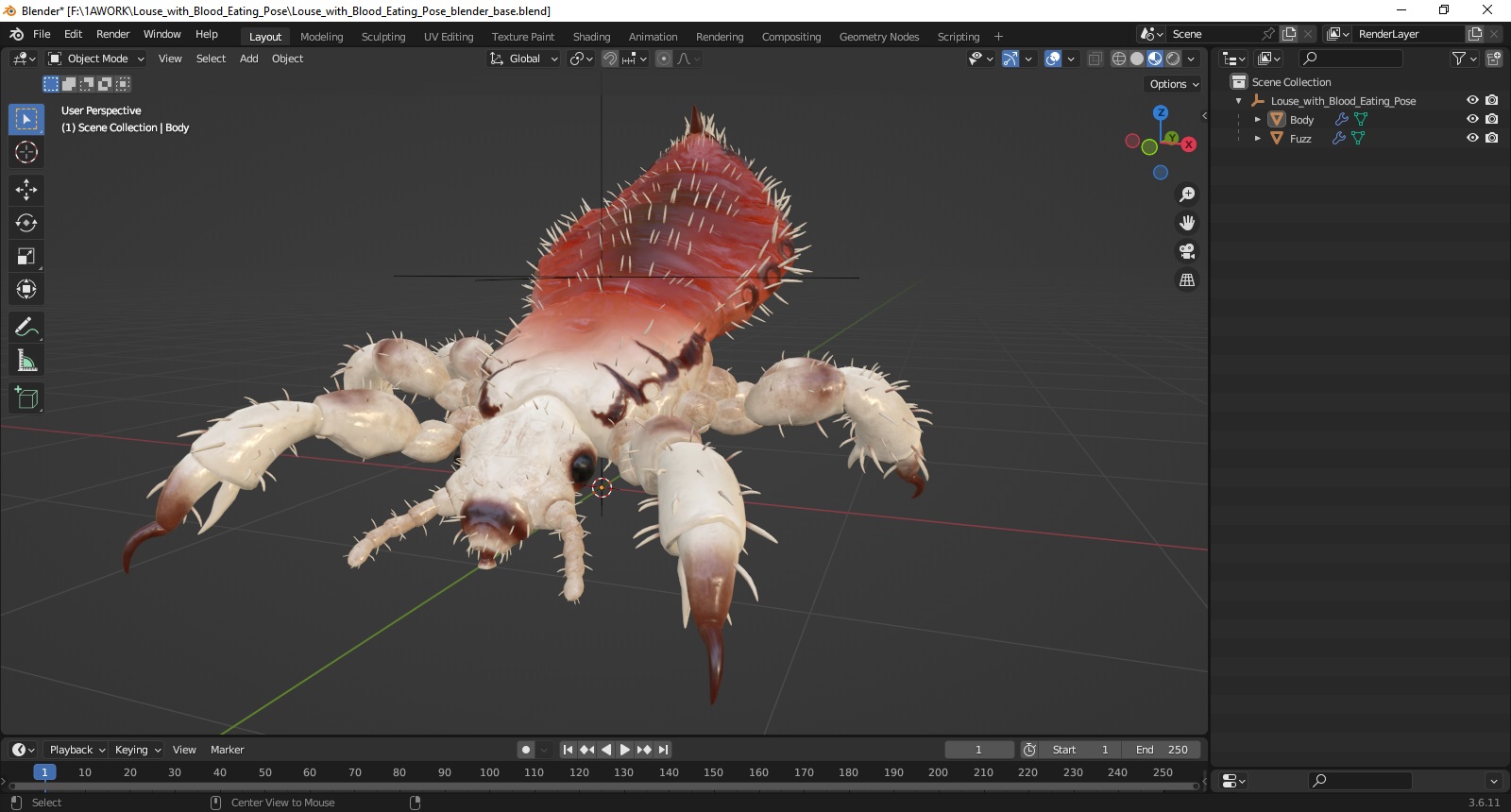 Louse with Blood Eating Pose SSS 3D