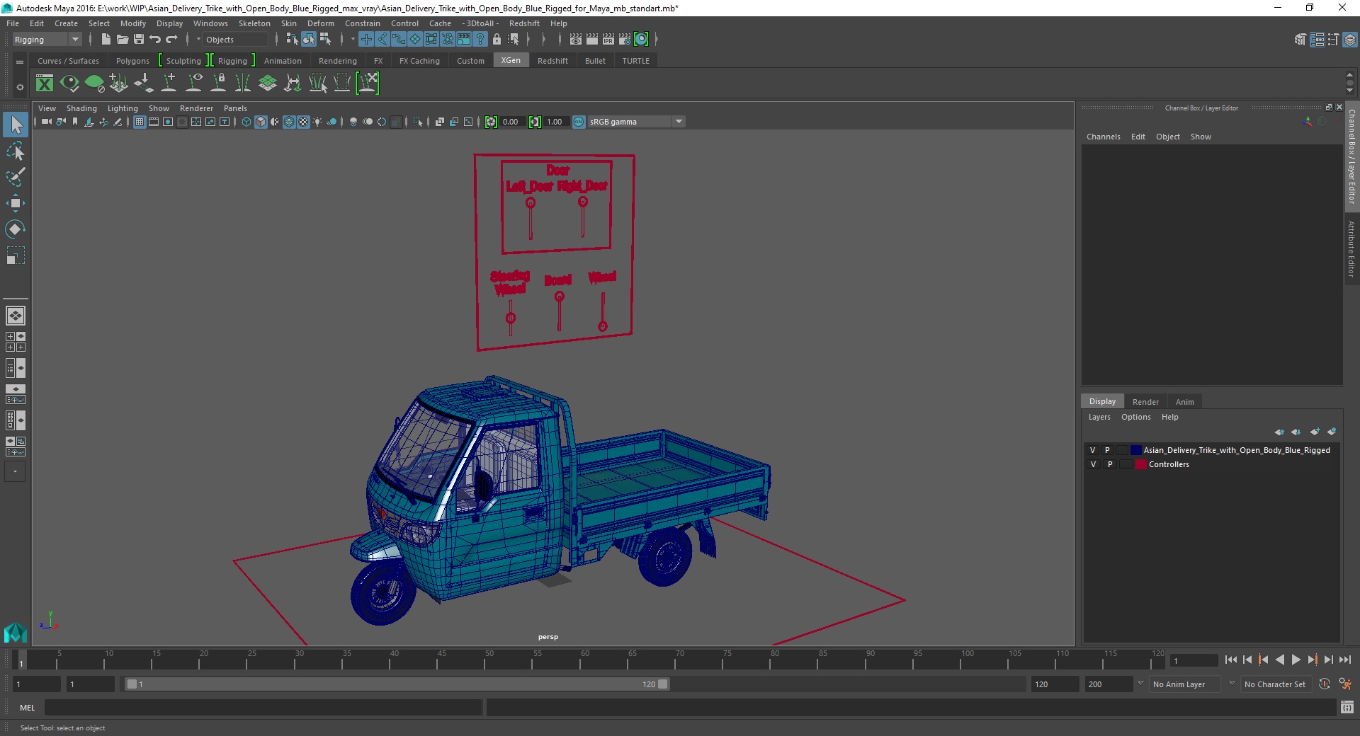 3D Asian Delivery Trike with Open Body Blue Rigged for Maya
