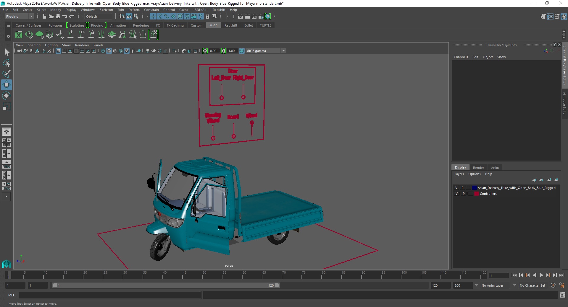 3D Asian Delivery Trike with Open Body Blue Rigged for Maya