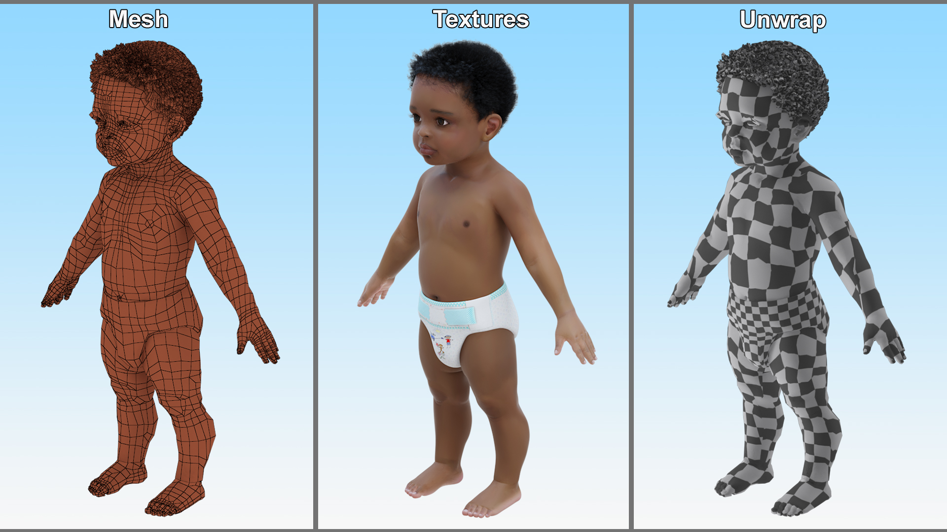Black Baby Boy Light Skin Wearing Diaper A-Pose 3D