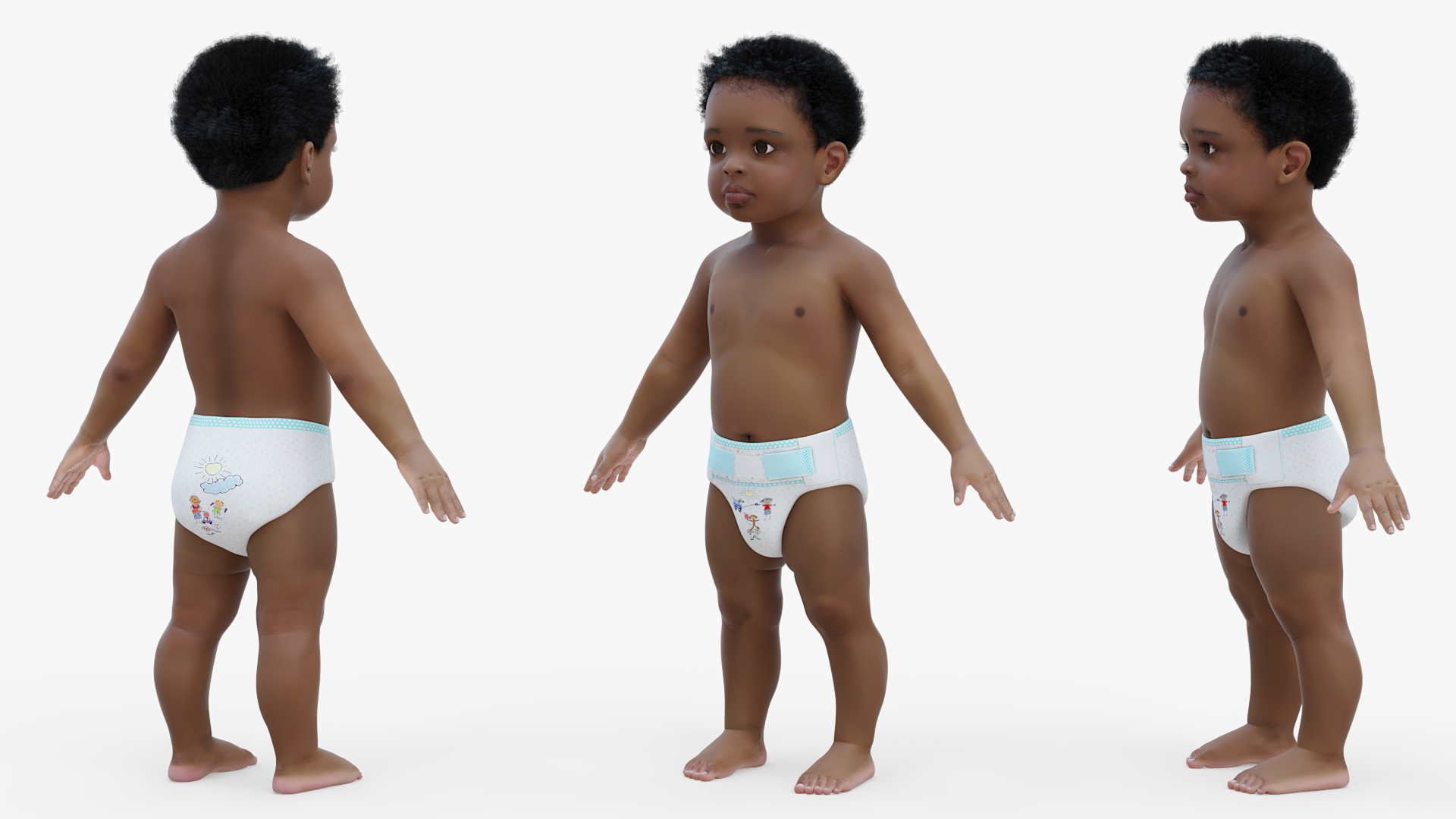 Black Baby Boy Light Skin Wearing Diaper A-Pose 3D