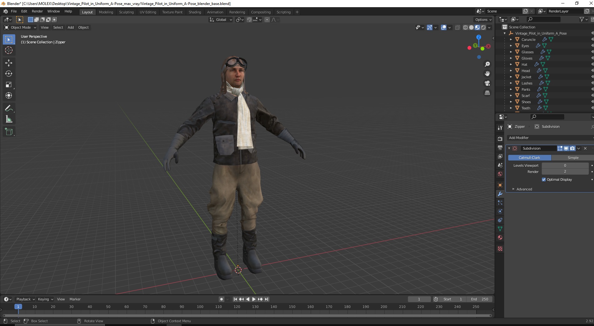3D Vintage Pilot in Uniform A-Pose