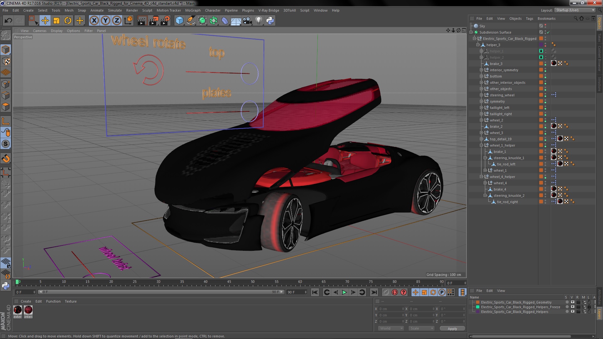3D Electric Sports Car Black Rigged for Cinema 4D
