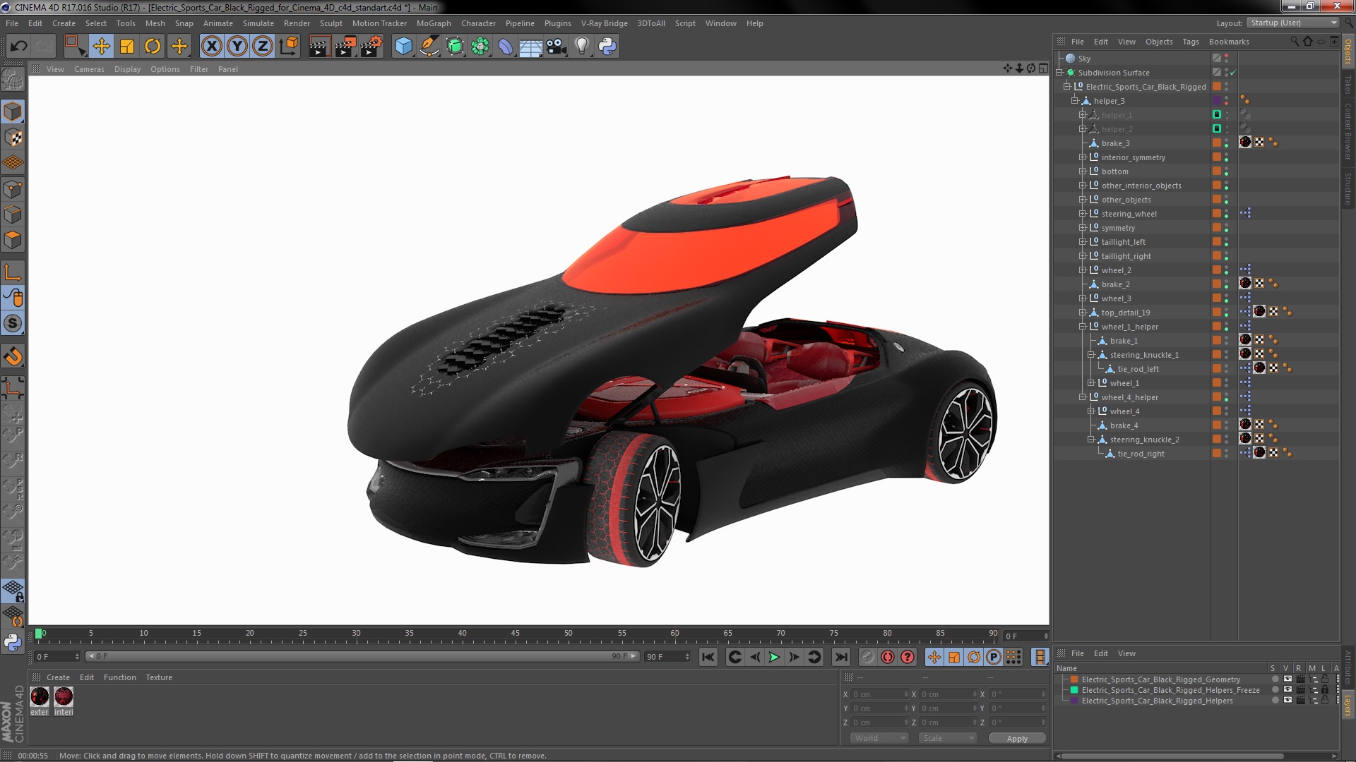3D Electric Sports Car Black Rigged for Cinema 4D