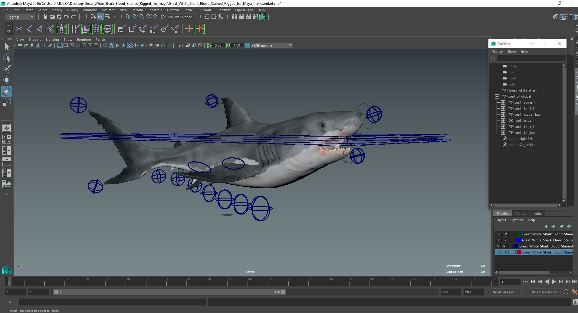 Great White Shark Blood Stained Rigged for Maya 3D