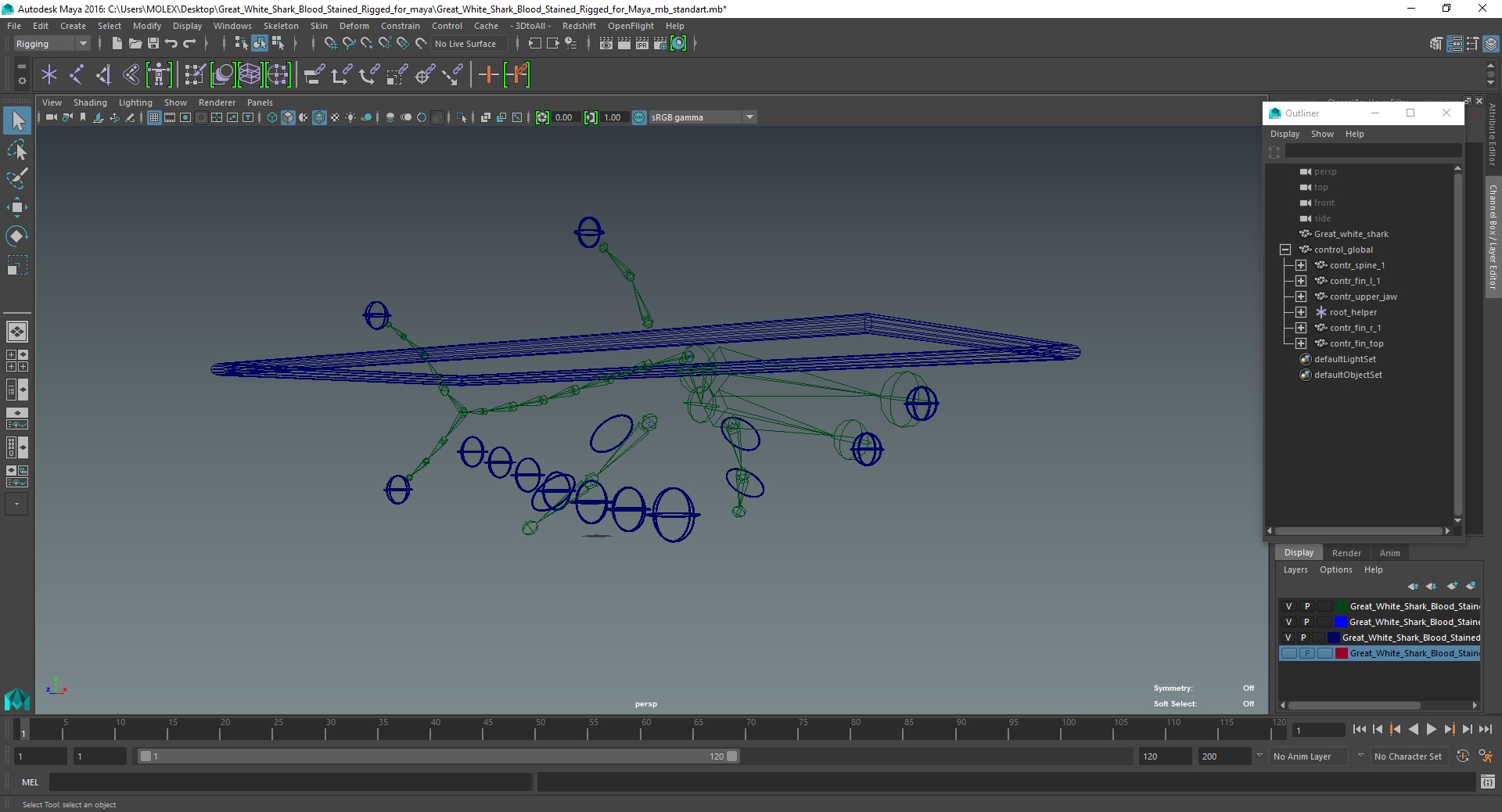 Great White Shark Blood Stained Rigged for Maya 3D