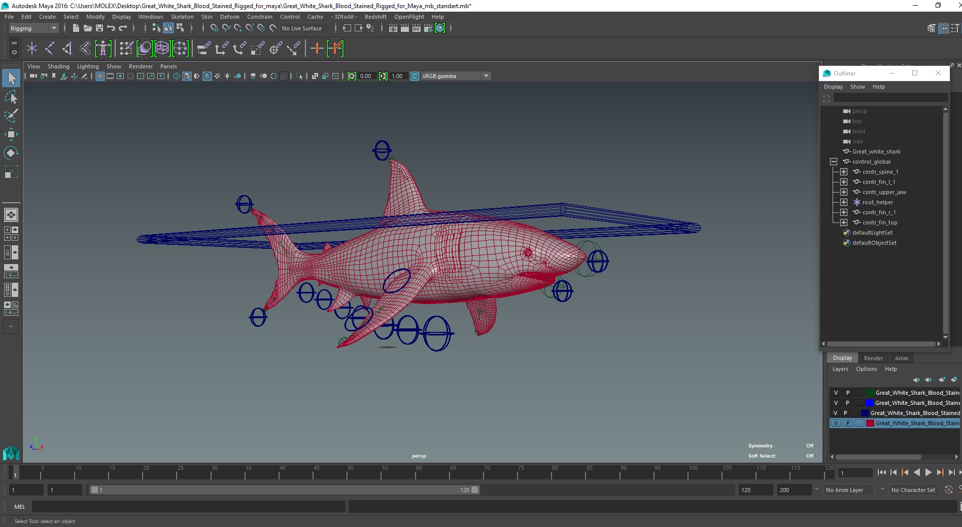 Great White Shark Blood Stained Rigged for Maya 3D