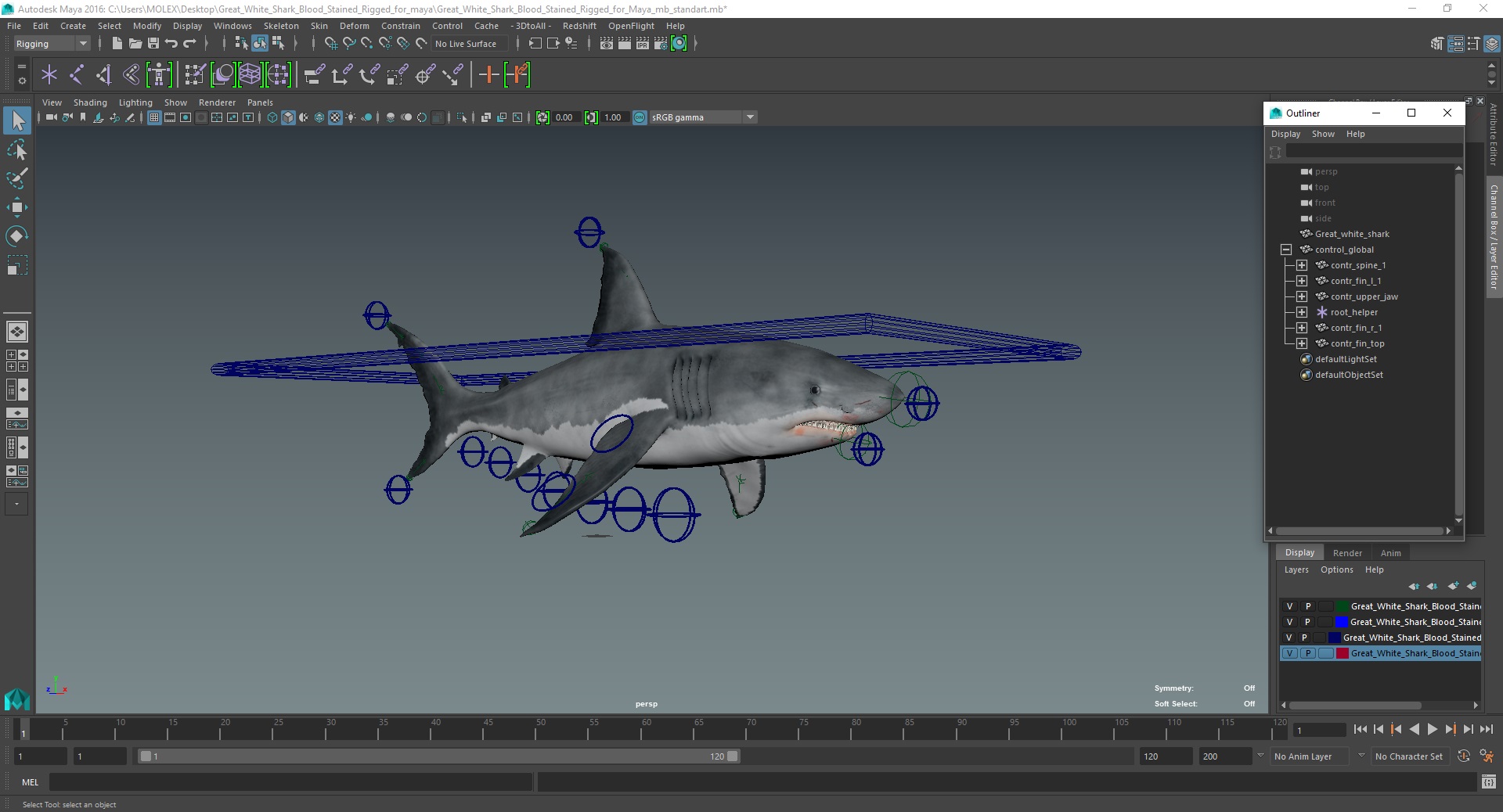 Great White Shark Blood Stained Rigged for Maya 3D