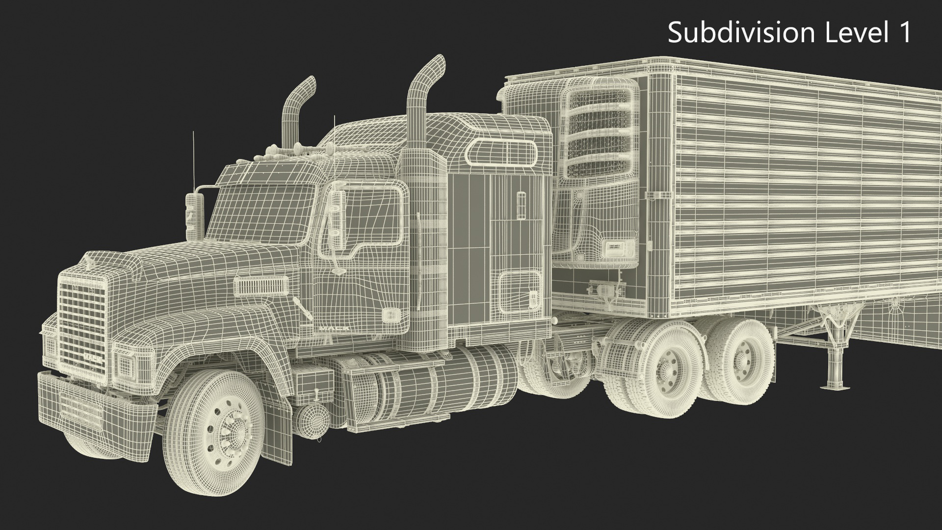 3D model Mack CHU613 Truck with Vanguard Reefer Trailer with Thermo King C600 Rigged