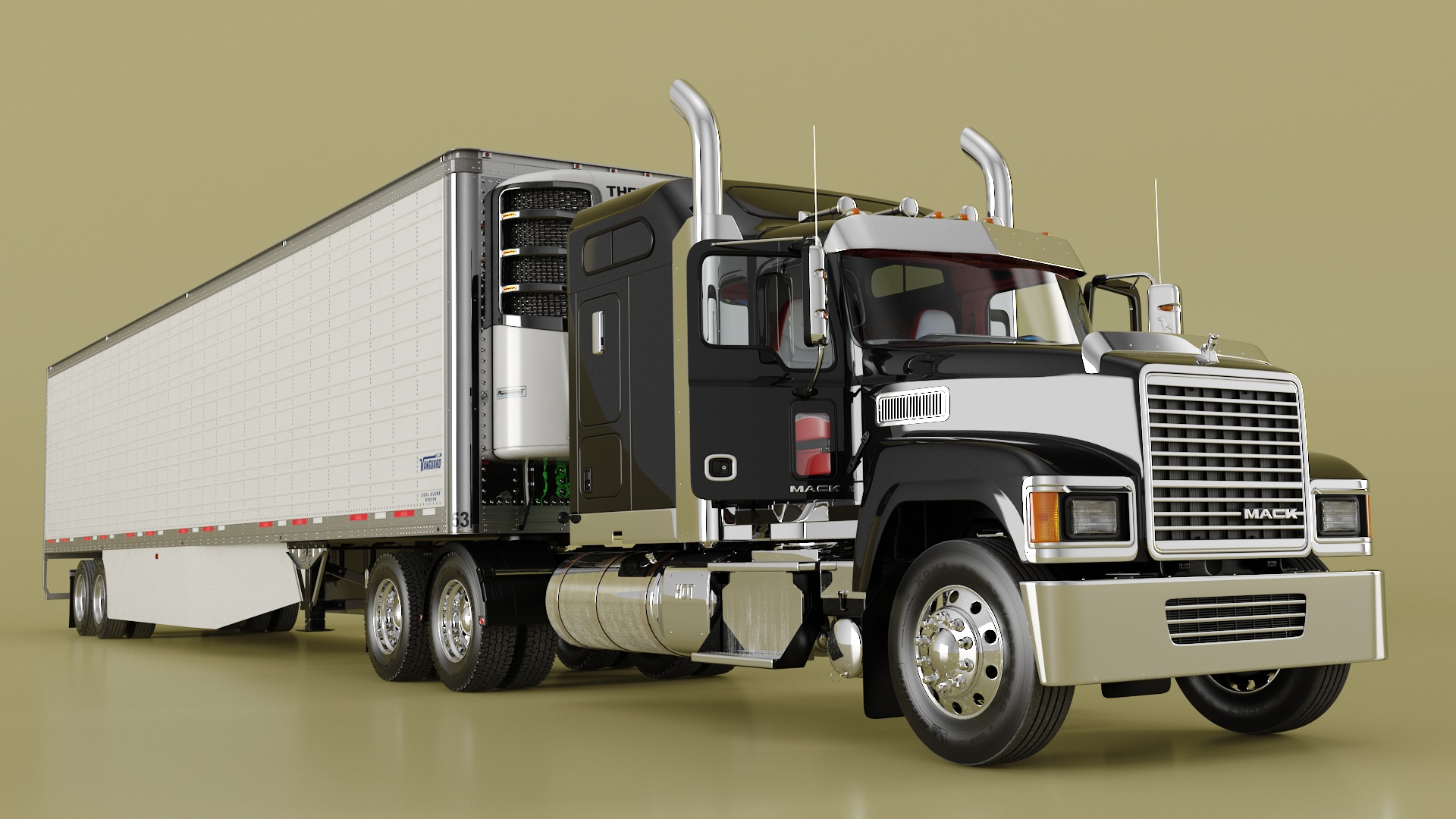 3D model Mack CHU613 Truck with Vanguard Reefer Trailer with Thermo King C600 Rigged