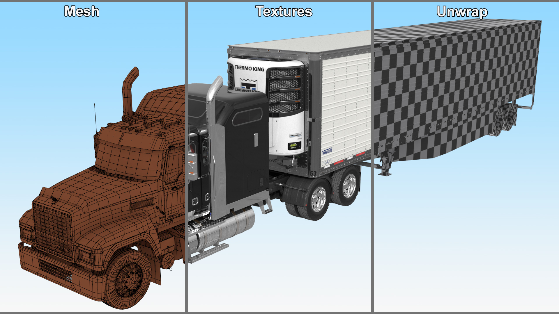 3D model Mack CHU613 Truck with Vanguard Reefer Trailer with Thermo King C600 Rigged