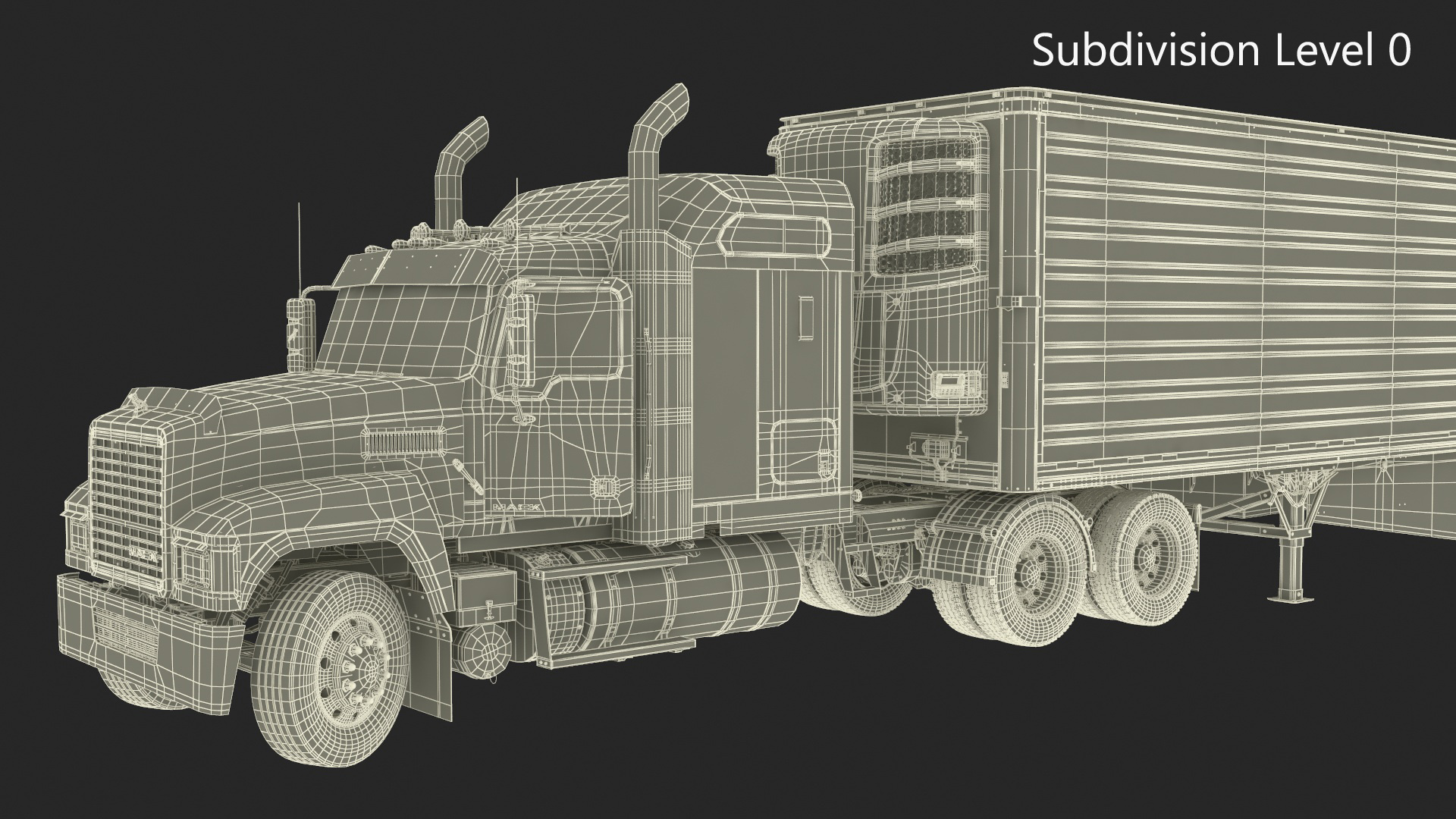 3D model Mack CHU613 Truck with Vanguard Reefer Trailer with Thermo King C600 Rigged