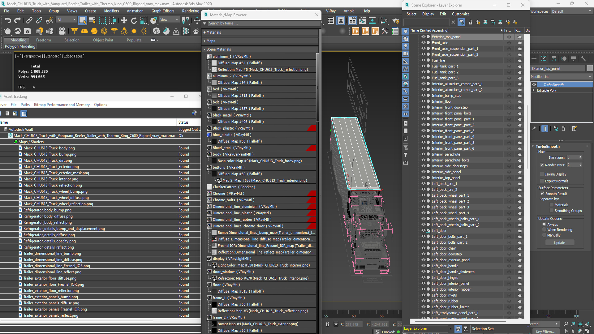 3D model Mack CHU613 Truck with Vanguard Reefer Trailer with Thermo King C600 Rigged