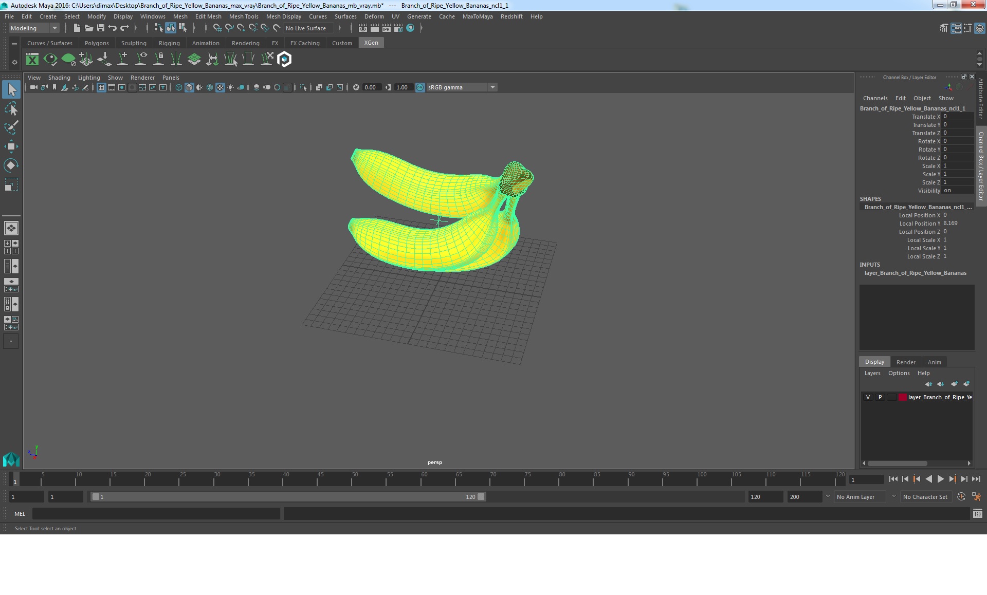 Branch of Ripe Yellow Bananas 3D model