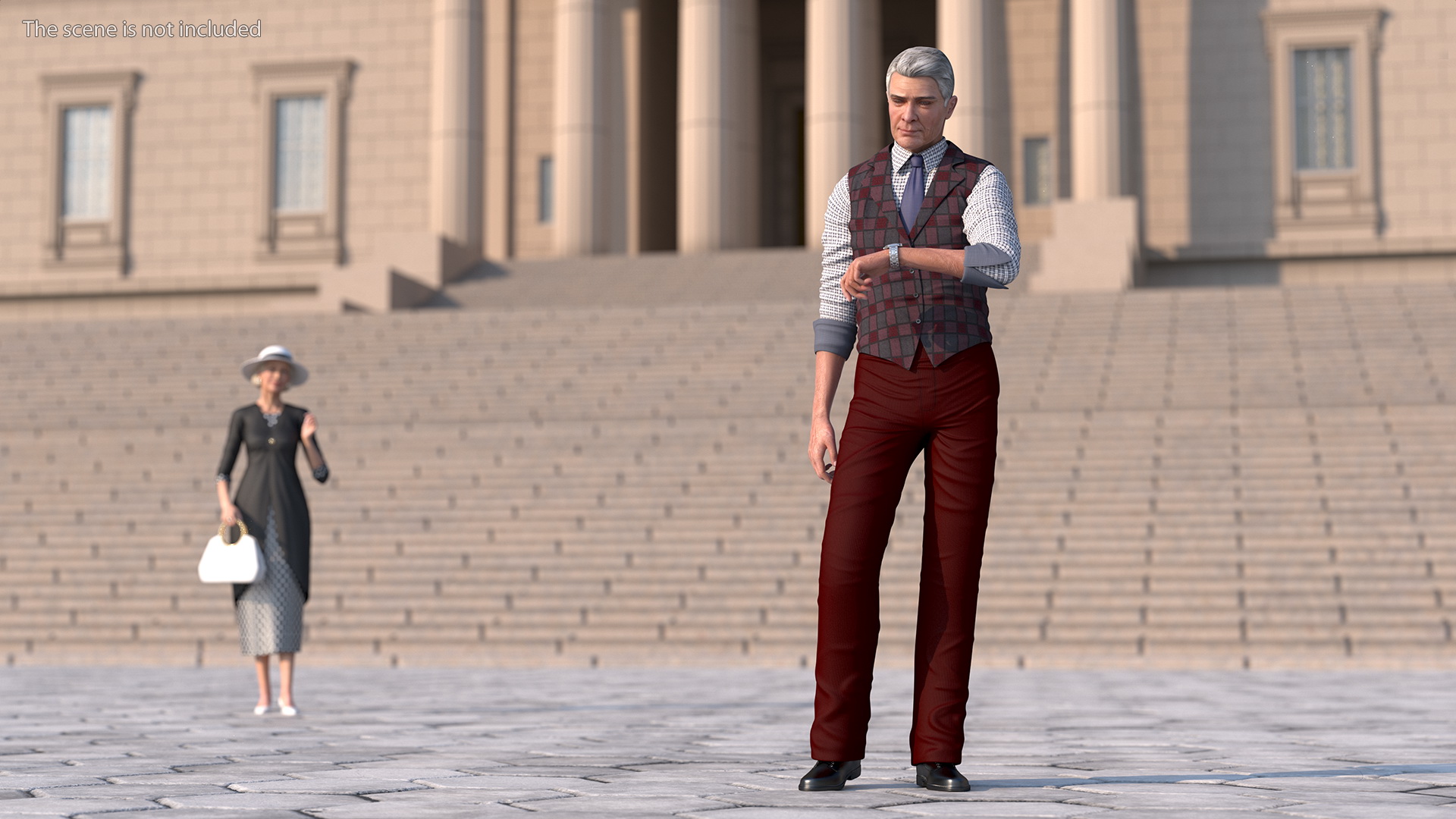 3D Elderly Man Casual Wear Waiting Pose