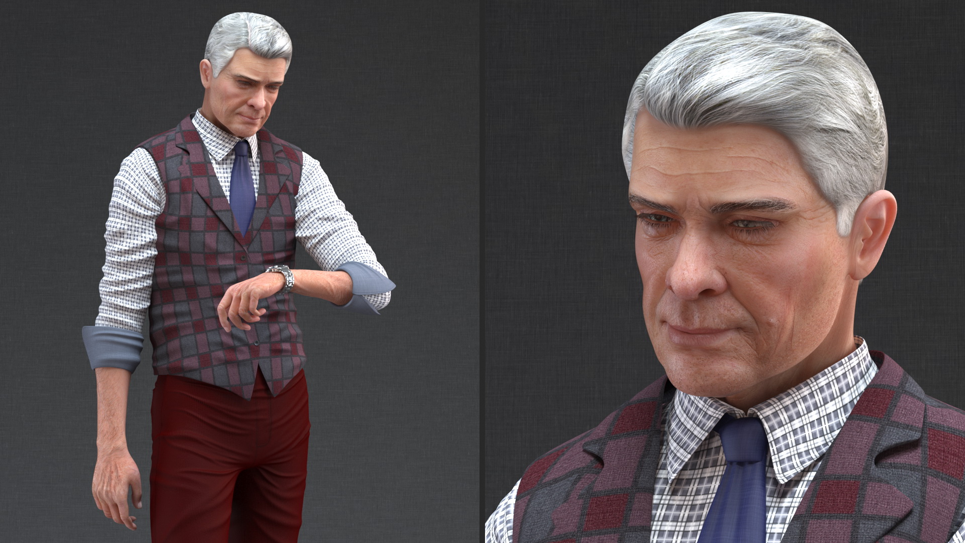 3D Elderly Man Casual Wear Waiting Pose