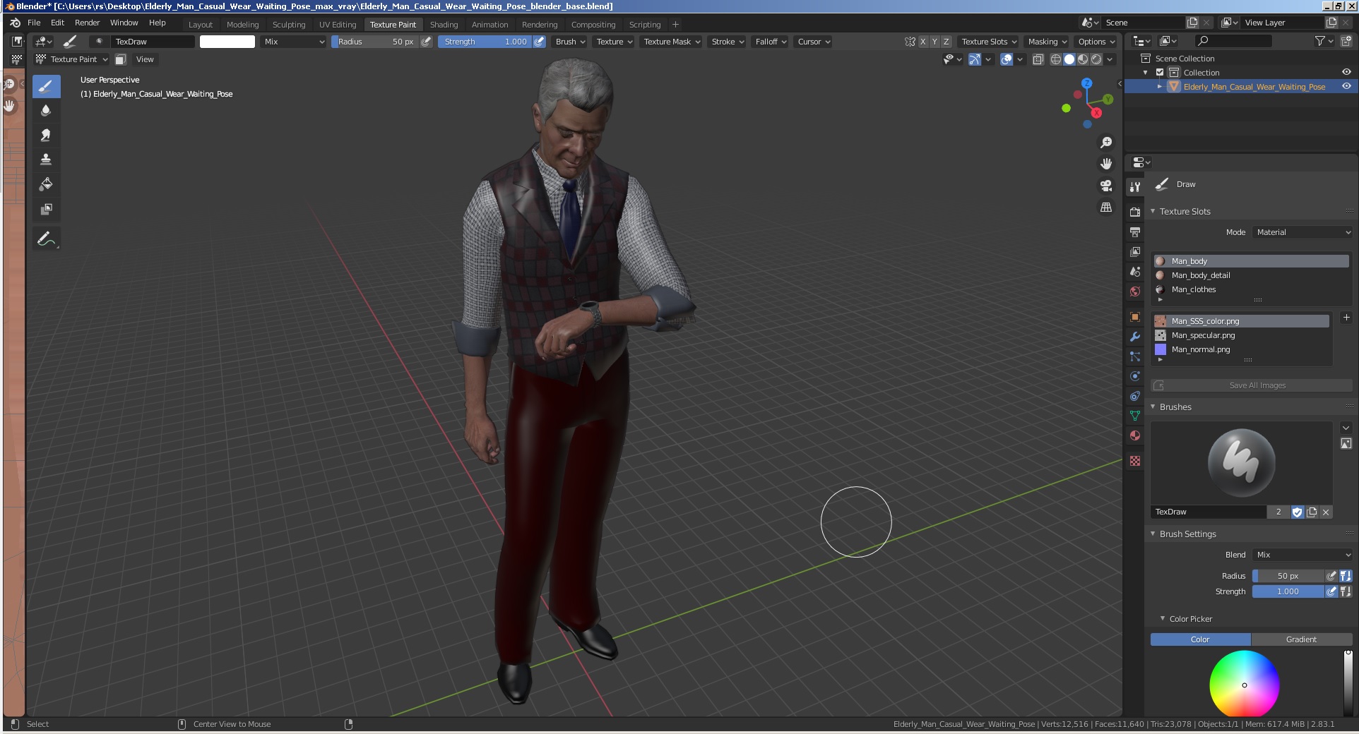 3D Elderly Man Casual Wear Waiting Pose