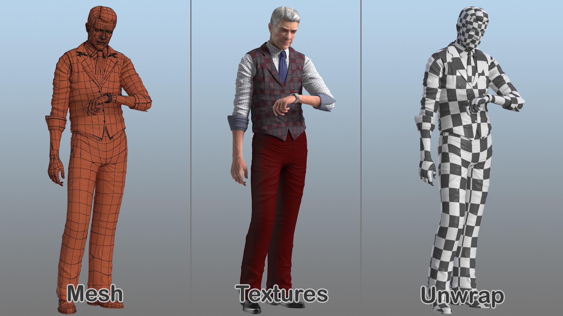 3D Elderly Man Casual Wear Waiting Pose