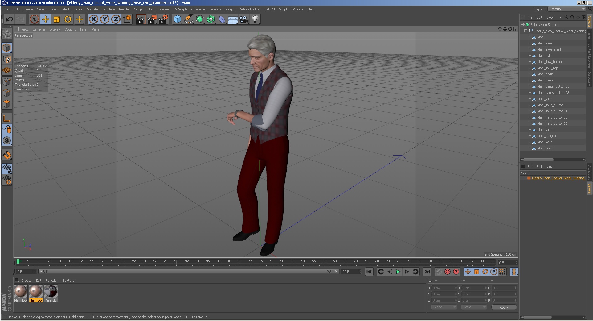 3D Elderly Man Casual Wear Waiting Pose