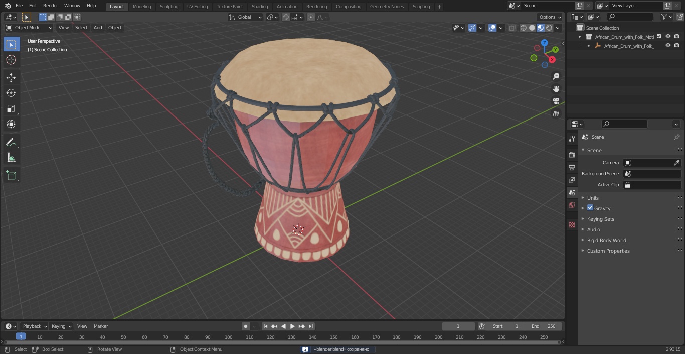 3D African Drum with Folk Motif model