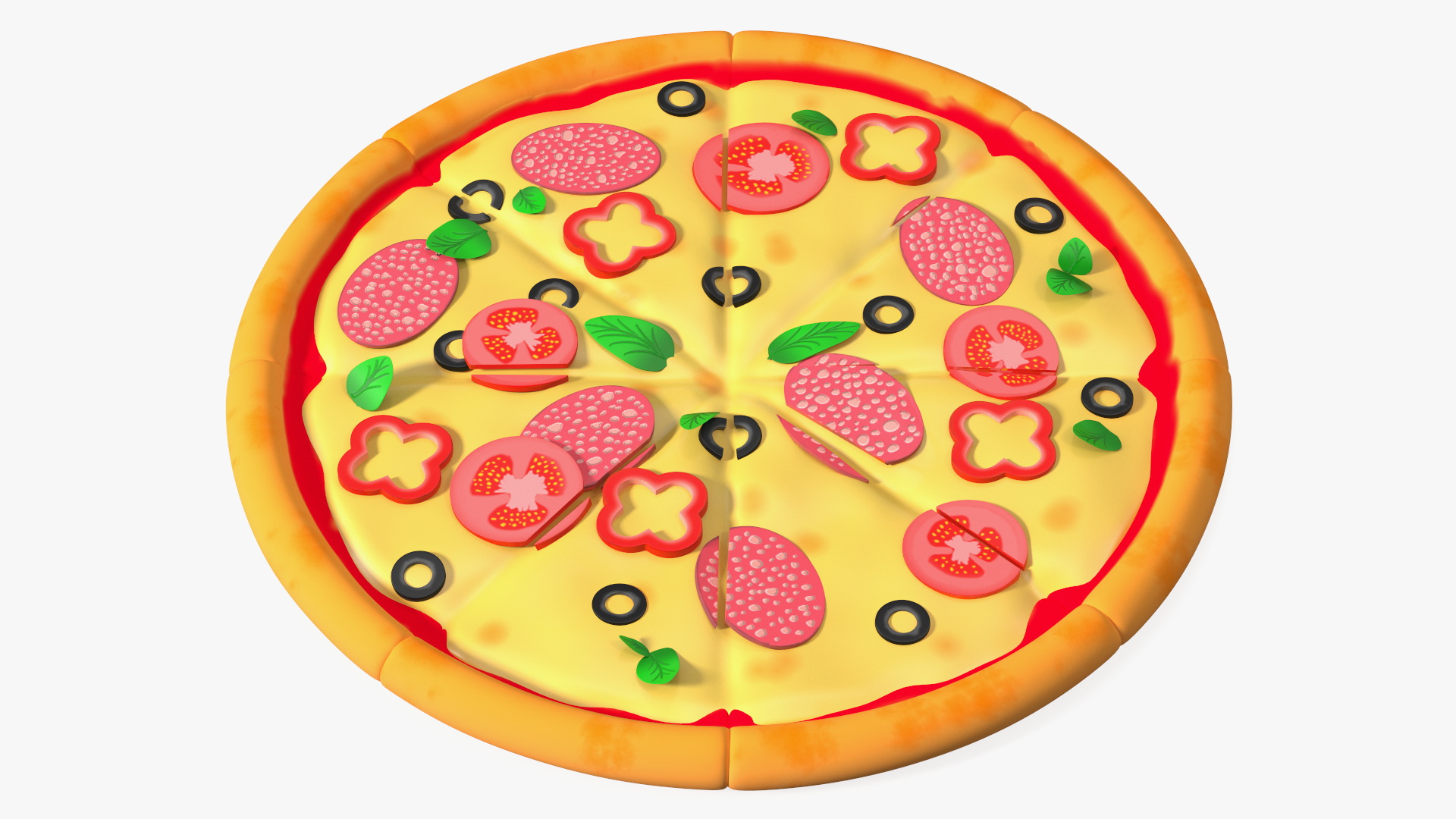 3D Cartoon Pizza Whole Sliced