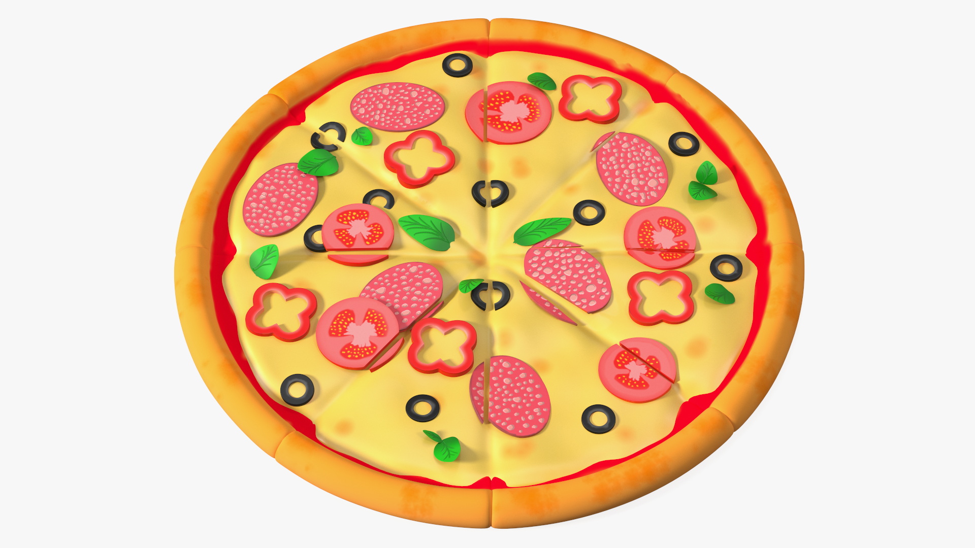 3D Cartoon Pizza Whole Sliced