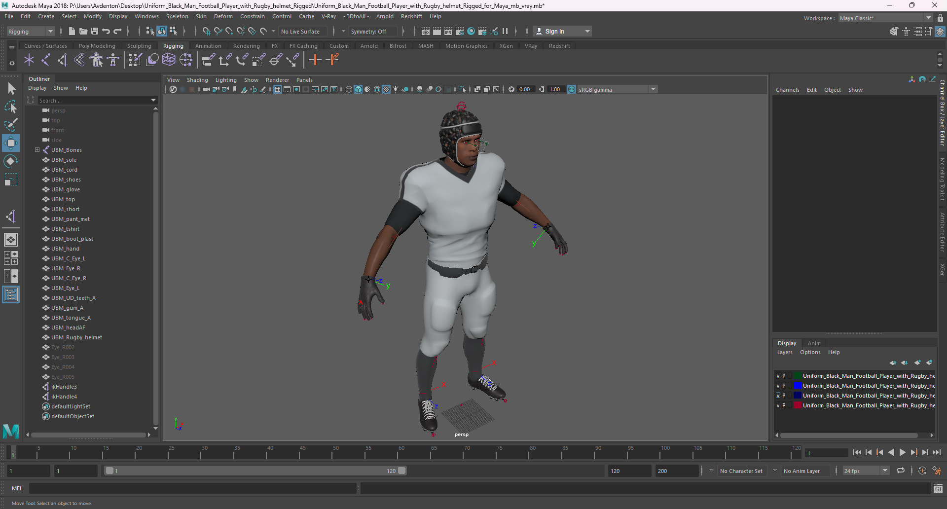 Uniform Black Man Football Player with Rugby Helmet Rigged for Maya 3D
