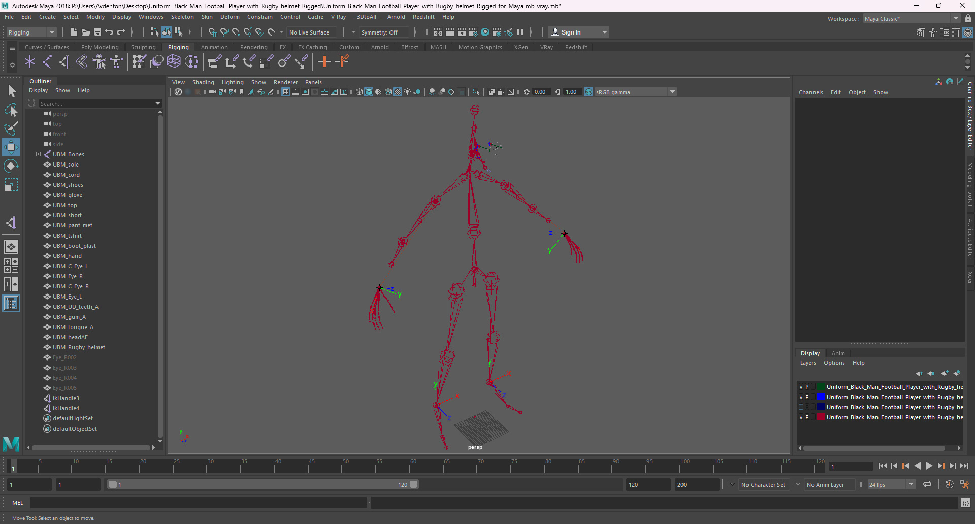 Uniform Black Man Football Player with Rugby Helmet Rigged for Maya 3D