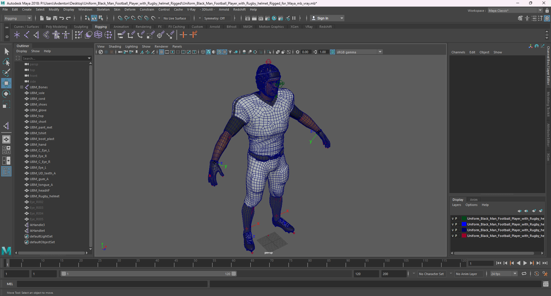 Uniform Black Man Football Player with Rugby Helmet Rigged for Maya 3D