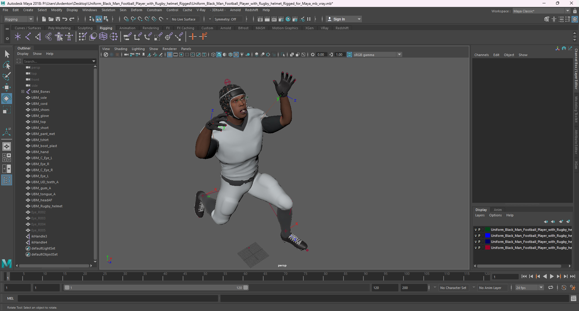 Uniform Black Man Football Player with Rugby Helmet Rigged for Maya 3D