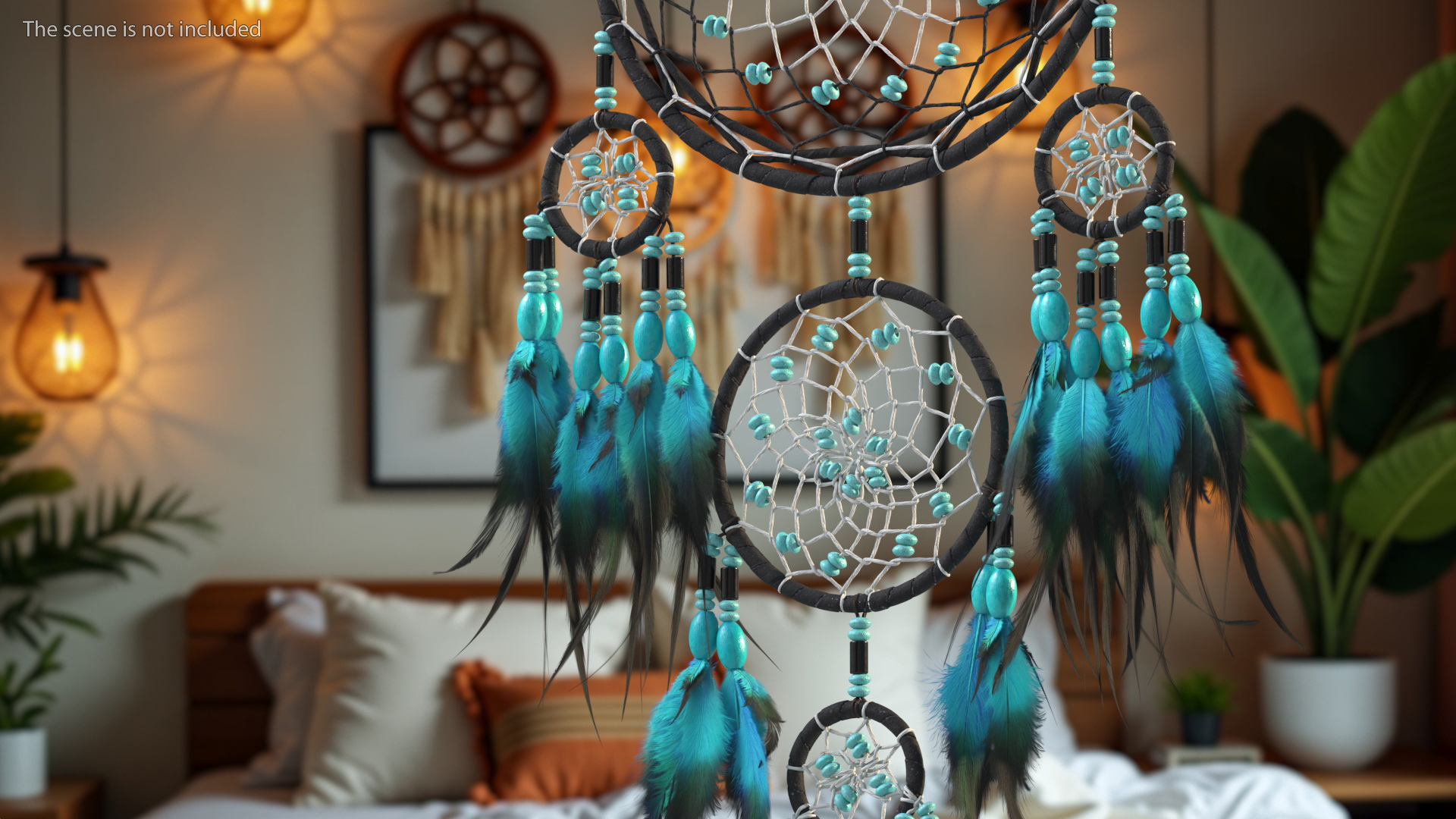 Dreamcatcher with Blue Feathers Five Rings 3D