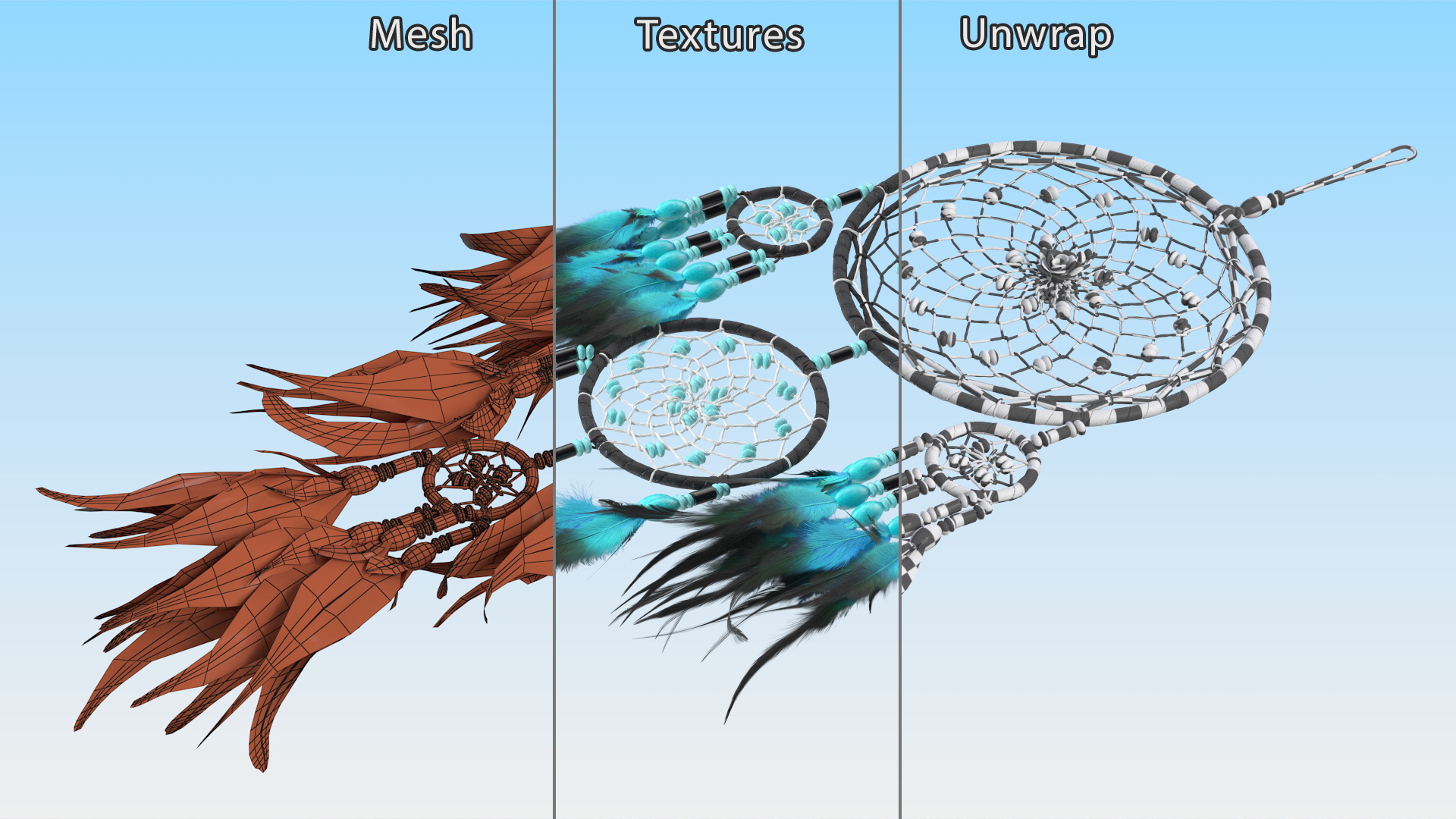Dreamcatcher with Blue Feathers Five Rings 3D