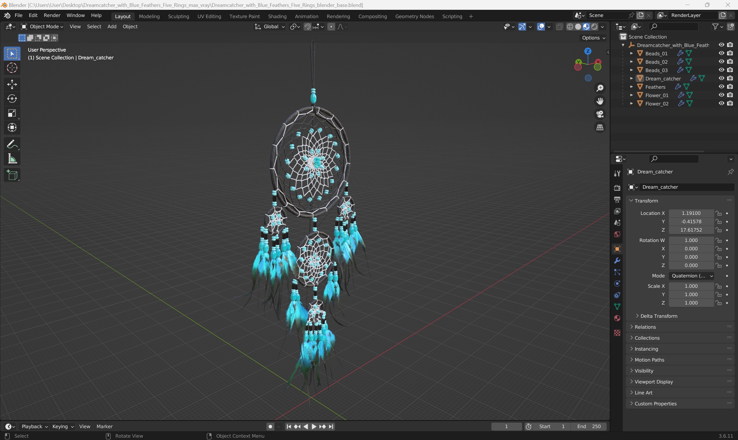 Dreamcatcher with Blue Feathers Five Rings 3D