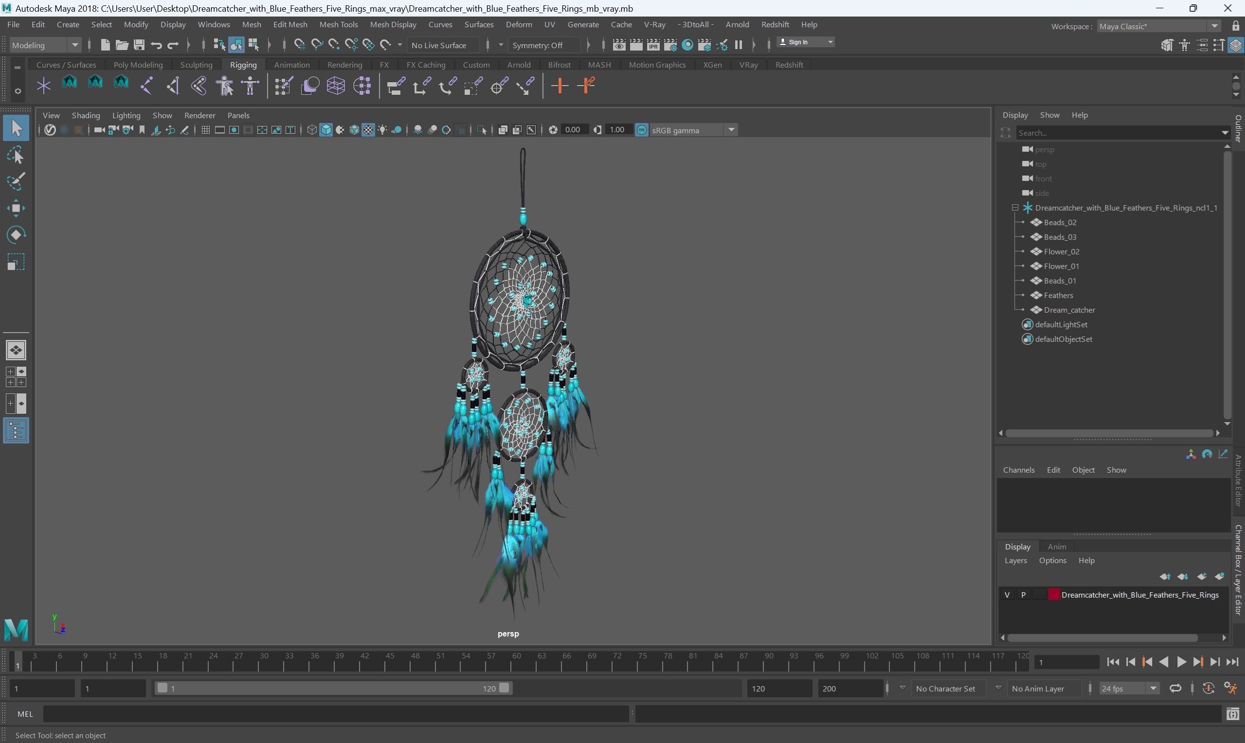 Dreamcatcher with Blue Feathers Five Rings 3D
