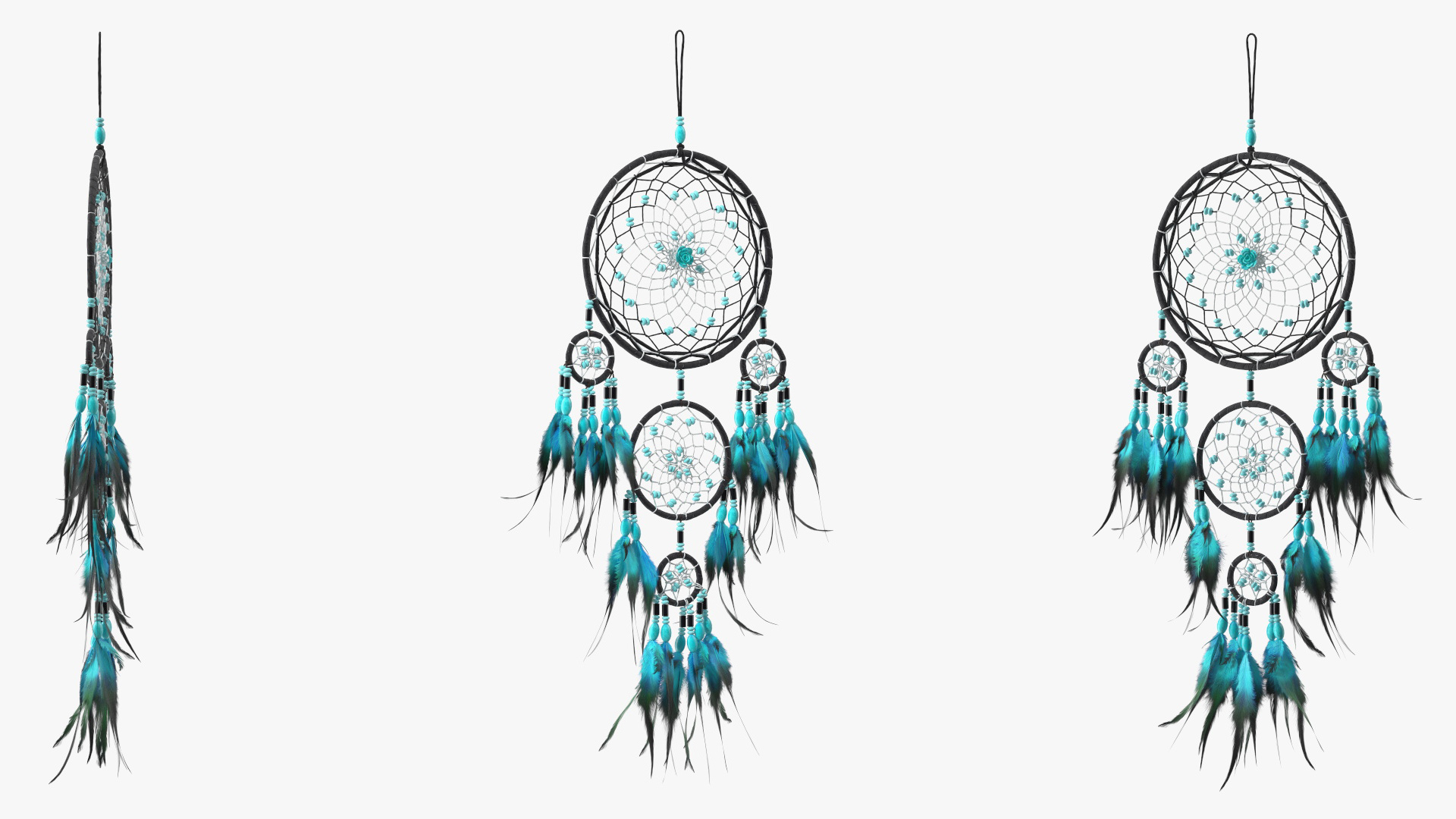 Dreamcatcher with Blue Feathers Five Rings 3D