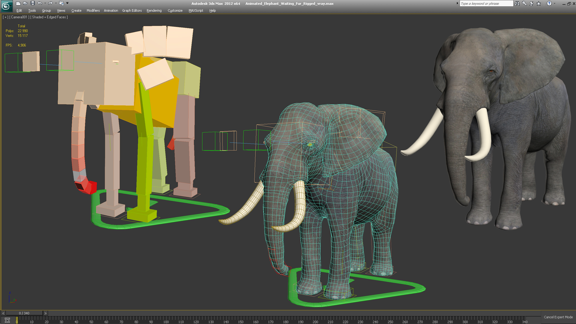 3D Animated Elephant Waiting Fur Rigged