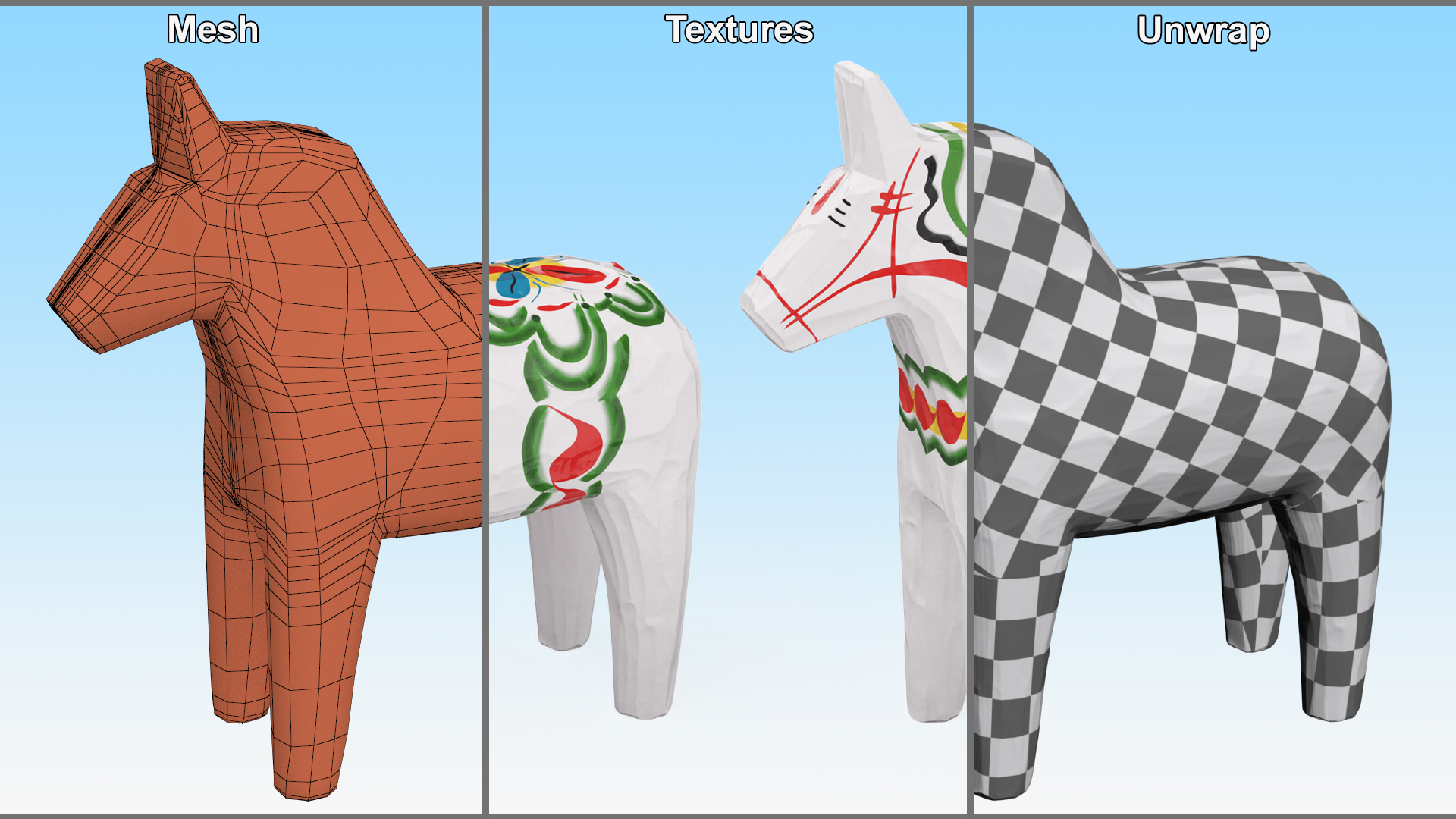 3D Hand Painted Carved Folk Wooden Horse Toy