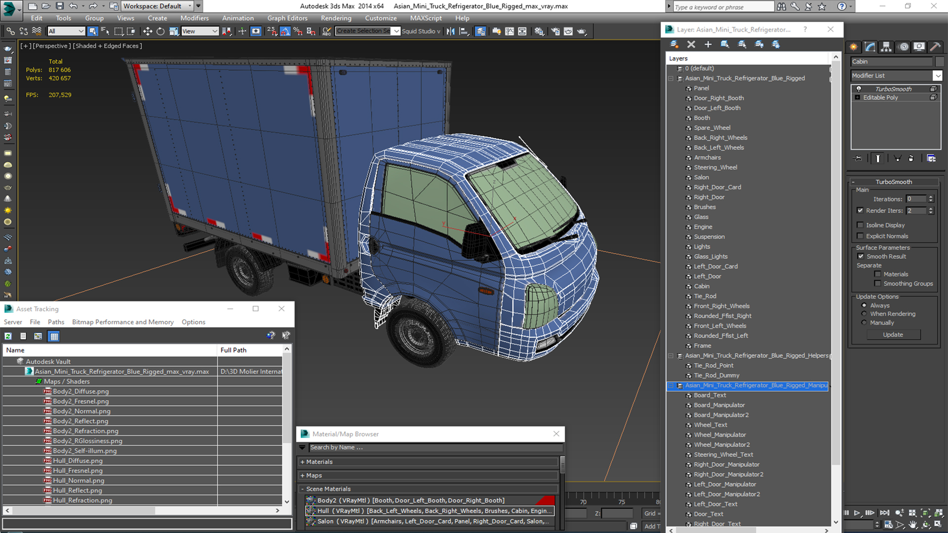 3D model Asian Mini Truck Refrigerator Blue Rigged for Maya