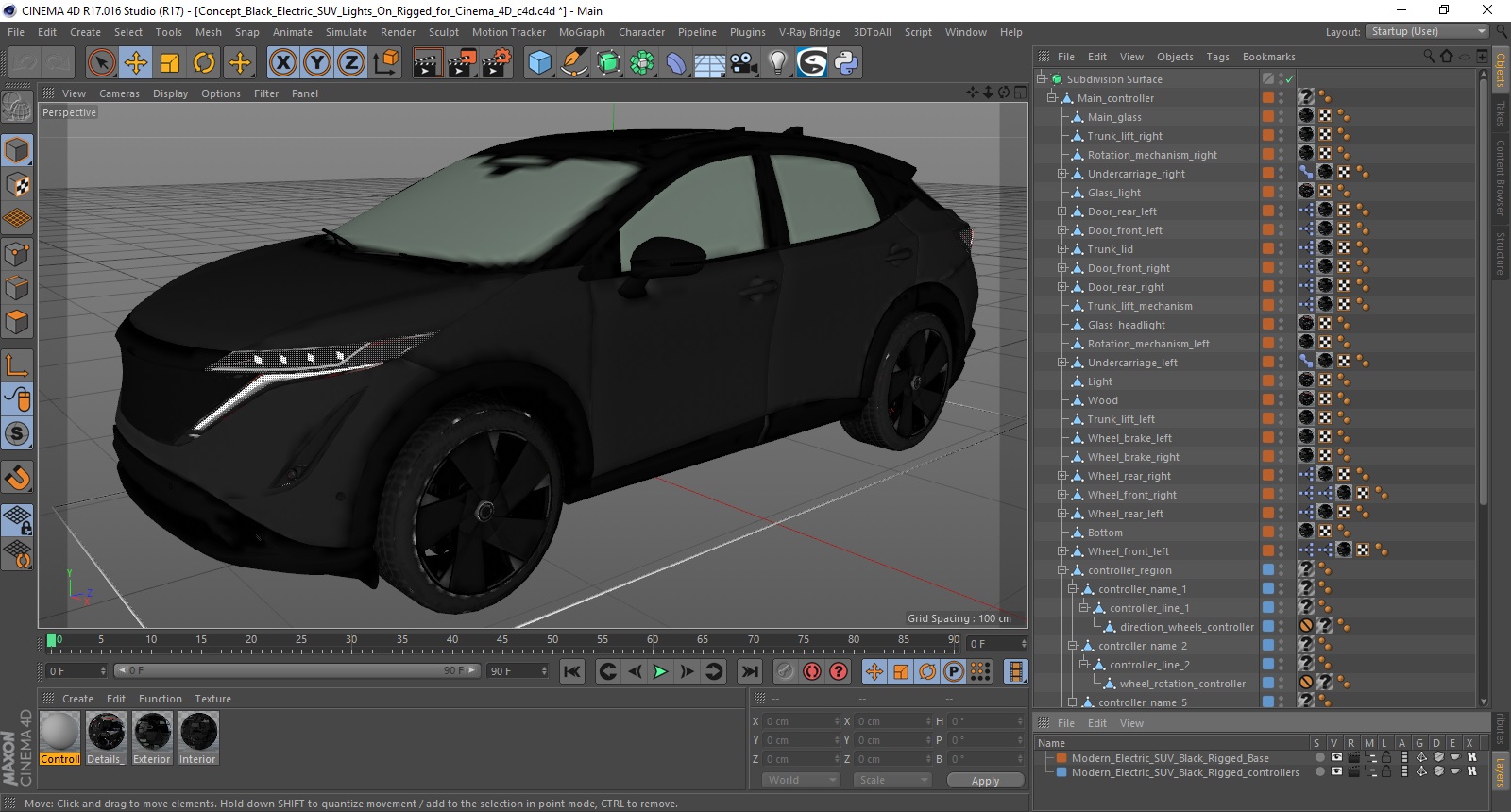 Concept Black Electric SUV Lights On Rigged for Cinema 4D 3D