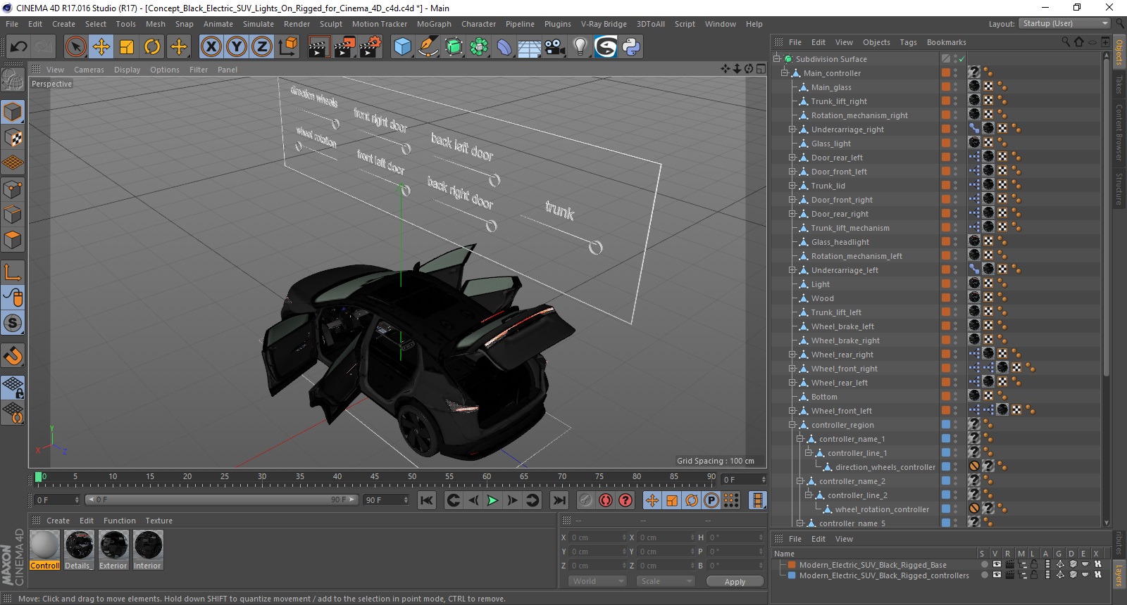 Concept Black Electric SUV Lights On Rigged for Cinema 4D 3D