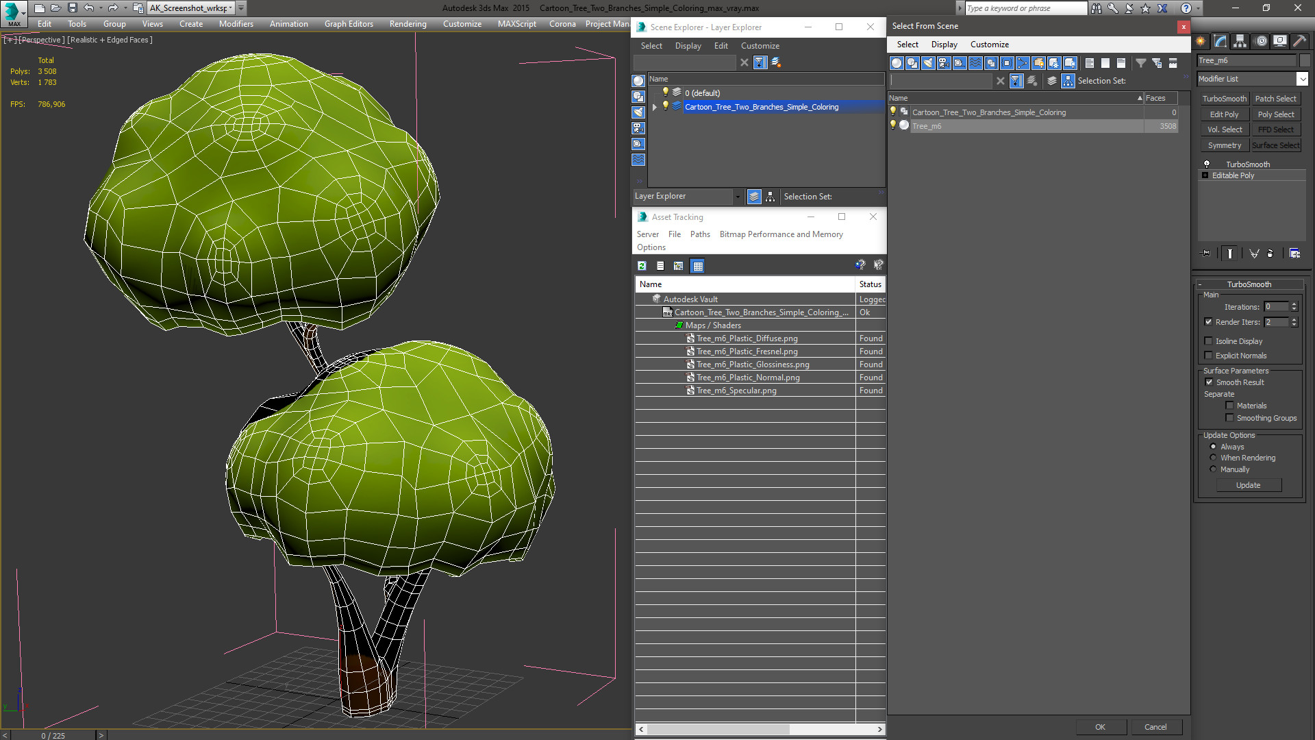 3D Cartoon Tree Two Branches Simple Coloring