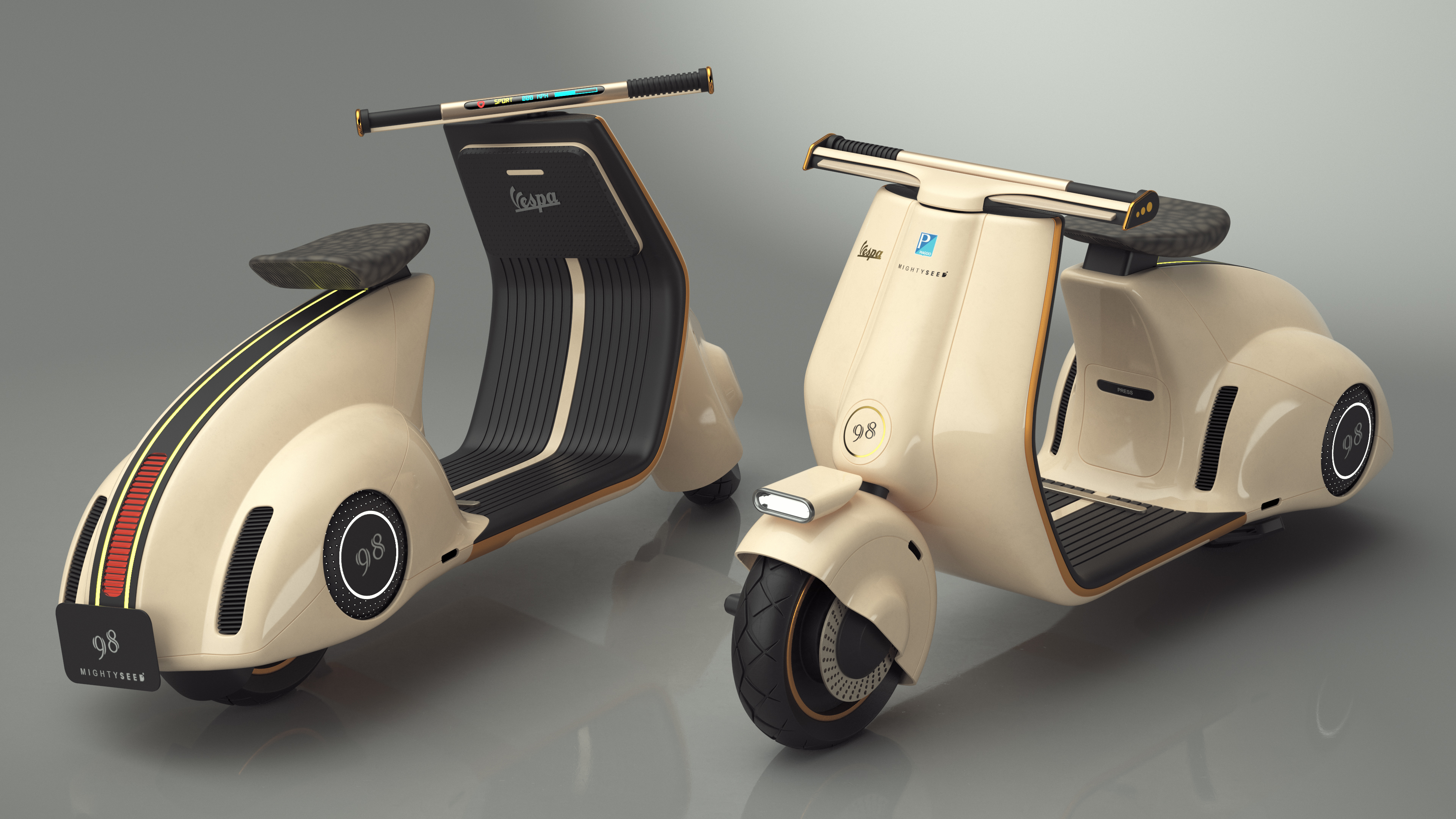 3D Concept Beige Electric Scooter Vespa 98 Lights On Rigged