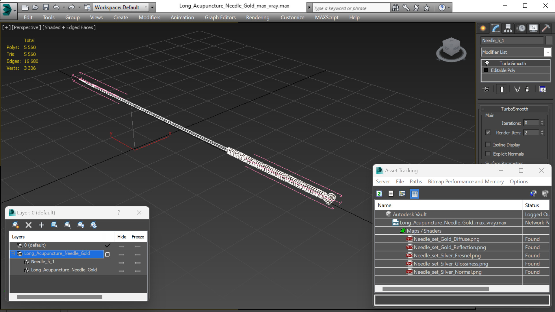 3D Long Acupuncture Needle Gold model